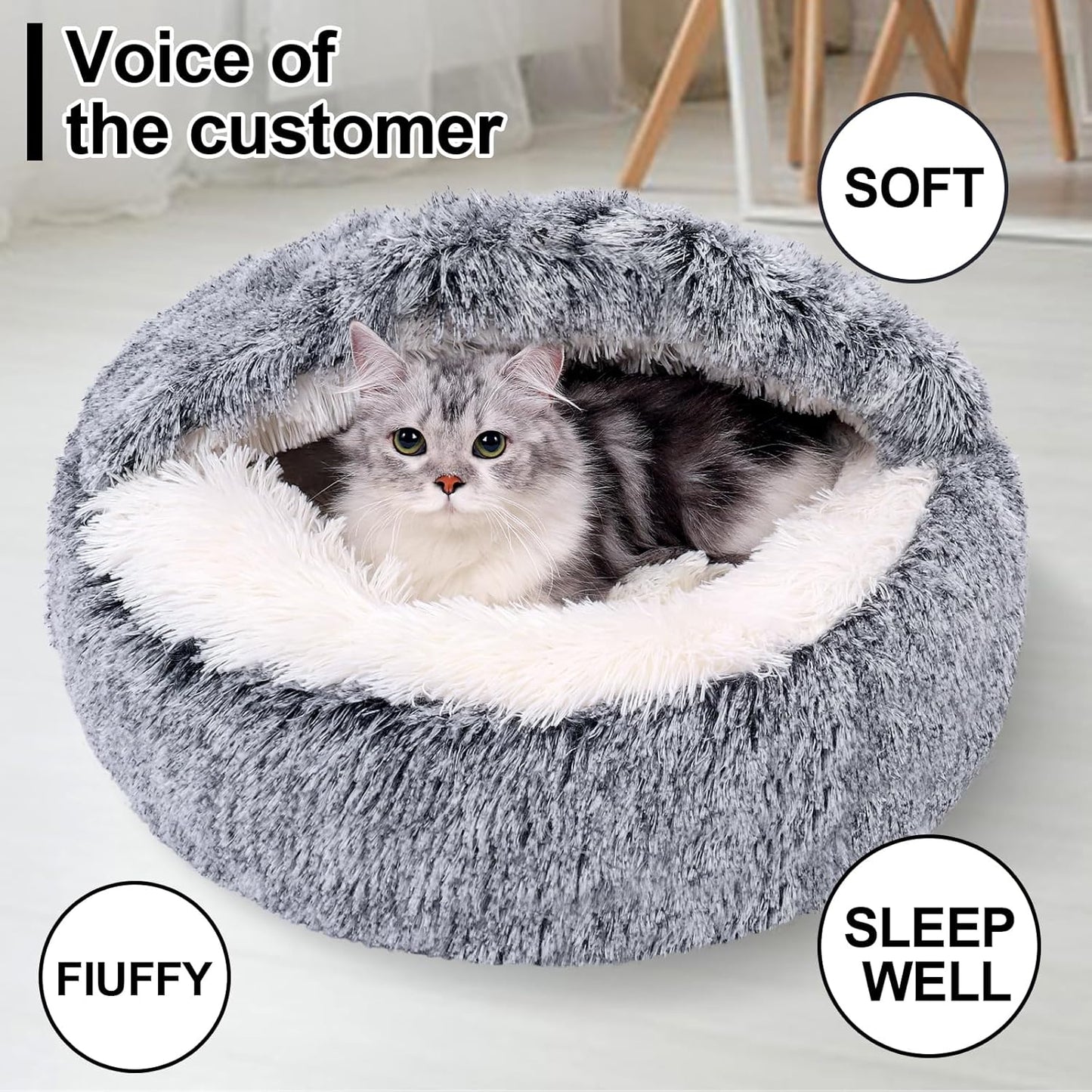 Calming Dog Beds & Cat Cave Bed with Hooded Cover,Removable Washable Round Beds for Small Medium Pets,Anti-Slip Faux Fur Fluffy Coved Bed for Improved Sleep,Fits up to 15/25 lbs(Grey,M)