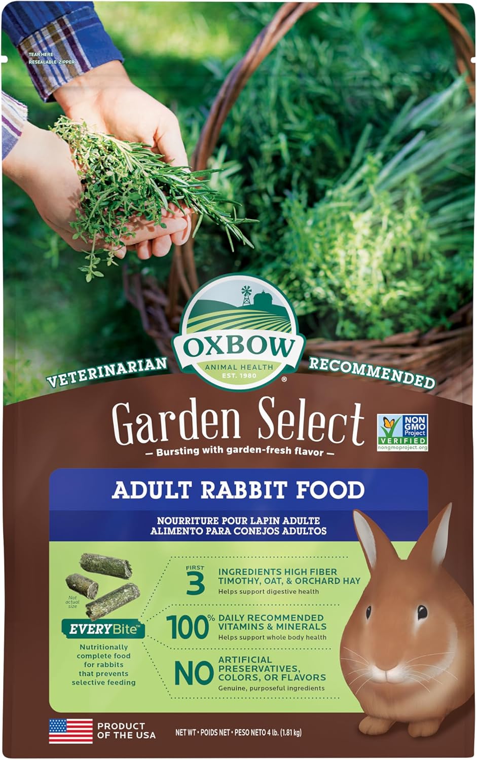 Oxbow Animal Health Garden Select Rabbit Food, Adult Rabbit, Made Timothy Hay, Vitamin & Mineral Rich Pet Food Pellets, Bunny Supplies, Made in USA, High Fiber, 4 lb Bag