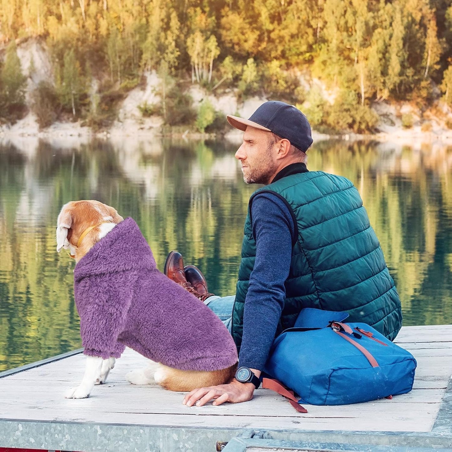 Fuzzy Dog Hoodie Dog Sweaters for Large Dogs Soft Double-Sided Plush Fleece Sweater Clothes Coats Hoodie Sherpa Hooded Sweatshirt(Purple-L)