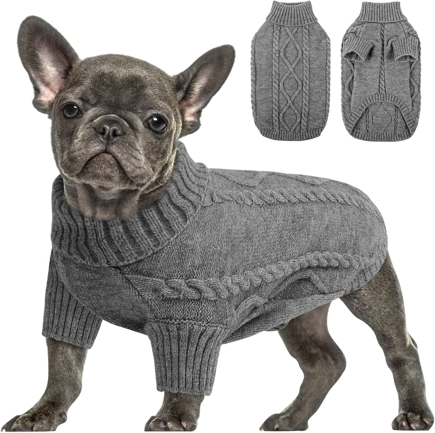 Queenmore Small Dog Pullover Sweater, Cold Weather Cable Knitwear, Classic Turtleneck Thick Warm Clothes for Chihuahua, Bulldog, Dachshund, Pug (Slate Grey, Medium)