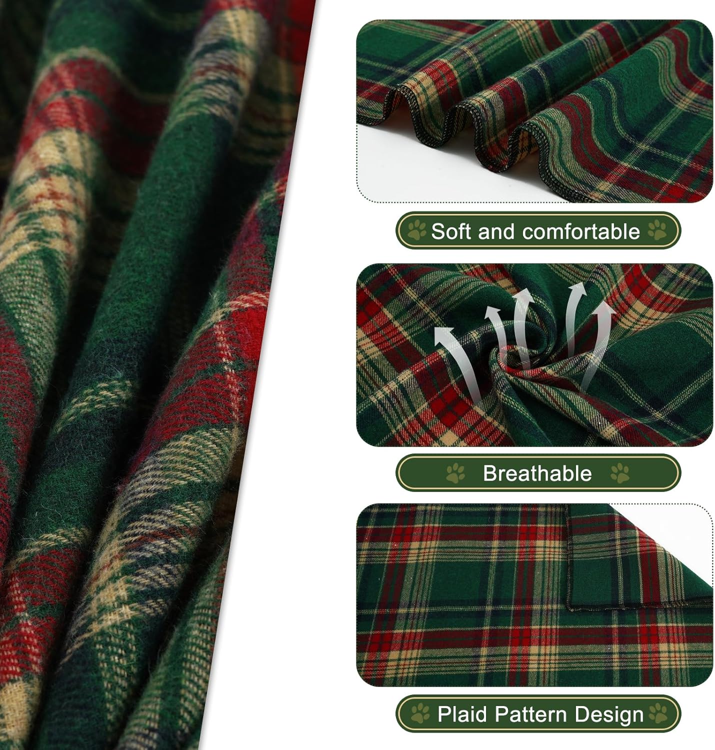 E-Clover Dog Bandana & Matching Scrunchie - Green Red Plaid Pet Scarf, Cute Costumes Accessories for Small Medium Large Dogs