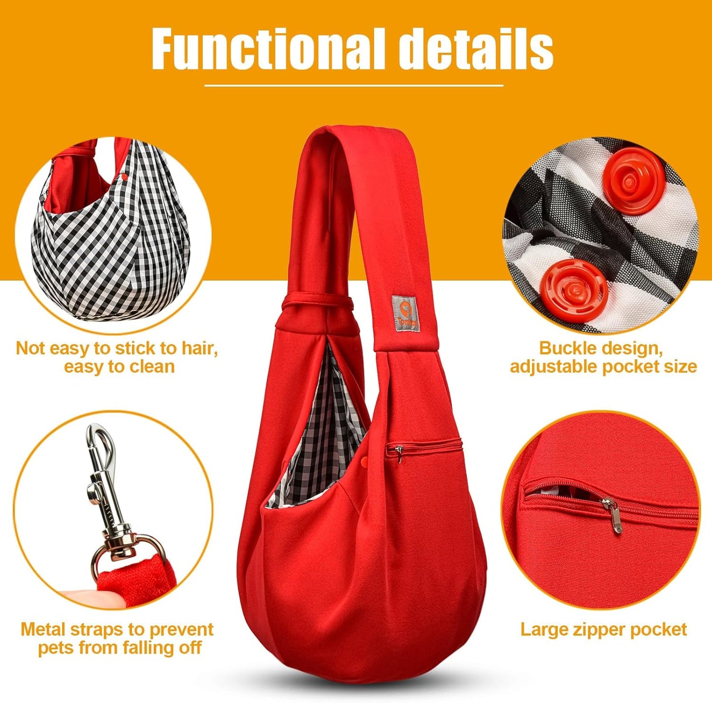 Tomkas Small Dog Sling Carrier - Zipper Pocket & Classic Strap - for 3-10 lbs Pets(Red)