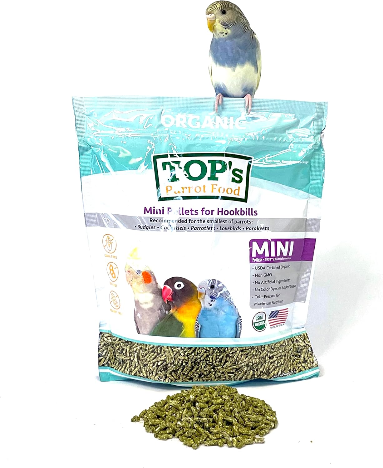 TOP's Parrot Food Mini Pellets Bird Food for Budgies, Cockatiels, Parrotlets, Lovebirds, Parakeets - Non-GMO, Peanut Soy & Corn Free, USDA Organic Certified - 1 lb