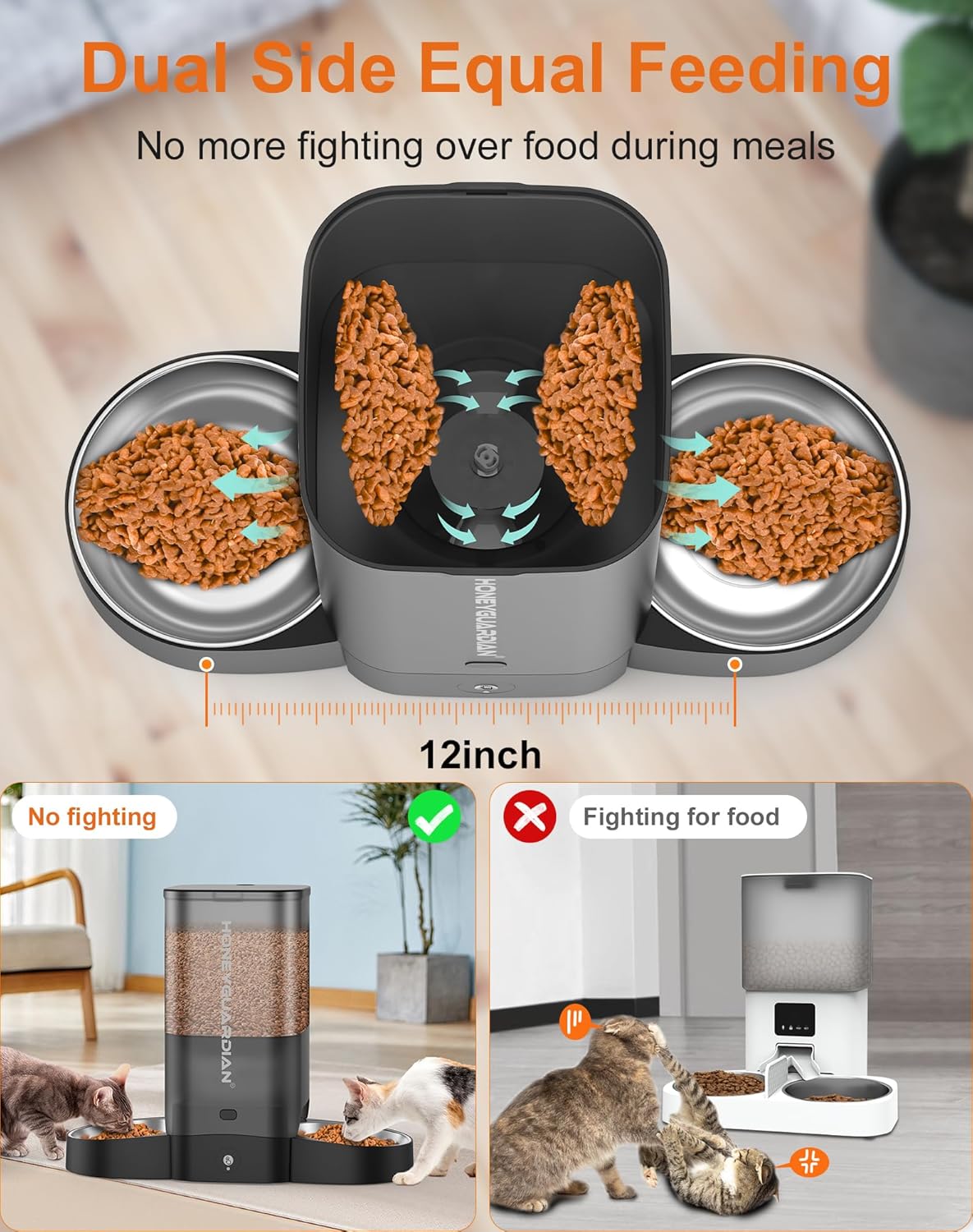 HoneyGuaridan 5L Automatic Cat Feeder for Two Cats, 5G WiFi Smart Feed Pet Feeder with Stainless Steel Bowl,APP Control Dispenser, Dual Power Supply,Desiccant Bag,10s Meal Call Black