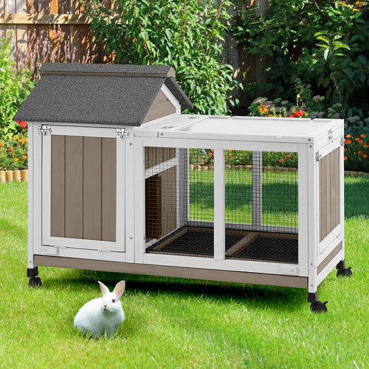 38''L Rabbit Hutch Outdoor Indoor with Wheels, Wooden Expandable 2 Story Bunny House Rabbit Cage with Run, Waterproof Roof, Pull Out Tray, Guinea Pig Cage Chicken Coop for Small to Medium Pets