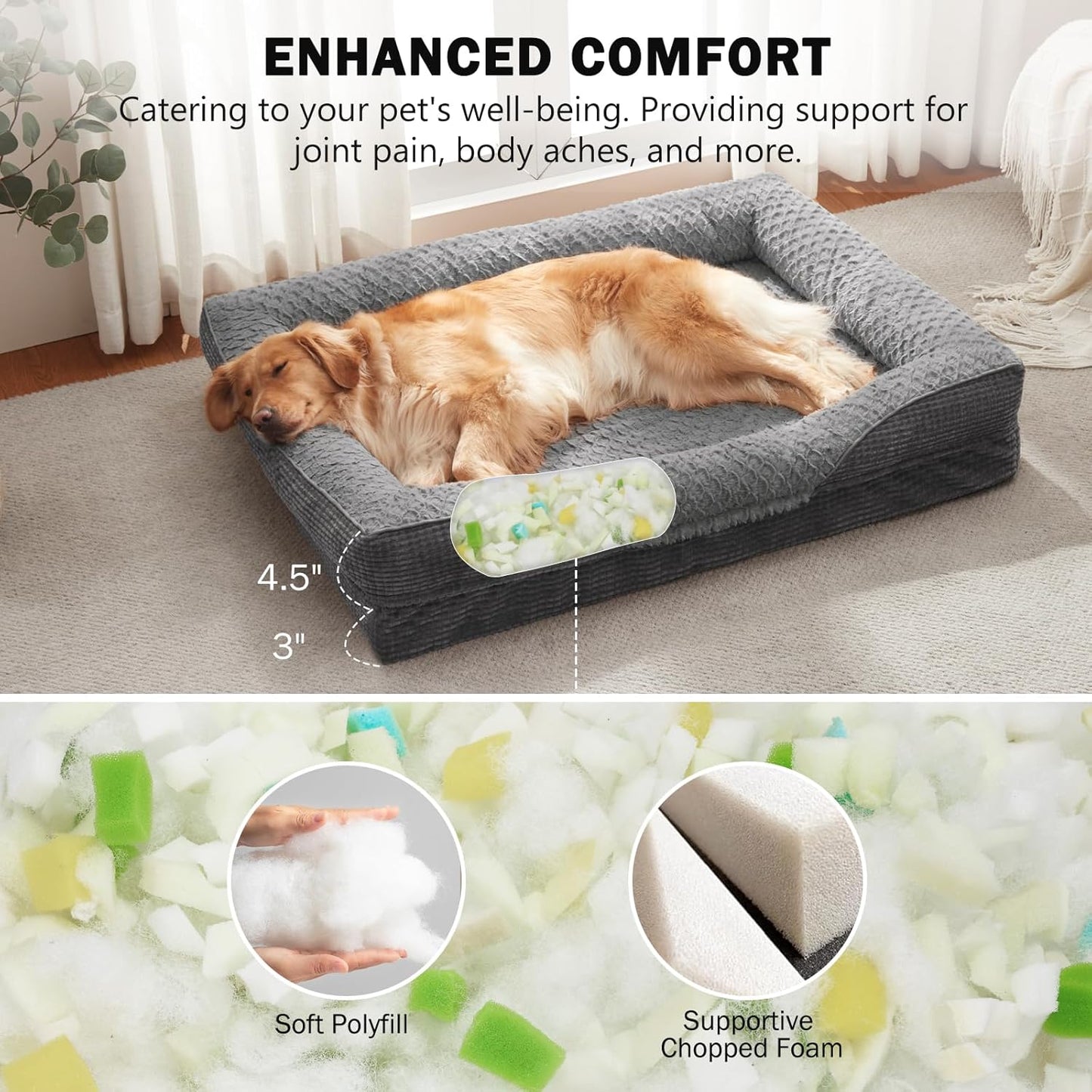 INVENHO Orthopedic Dog Beds Large Sized, XL Washable Egg-Crate Memory Foam Dog Couch Bed with Washable Removable Cover, Waterproof Lining and Nonskid Bottom