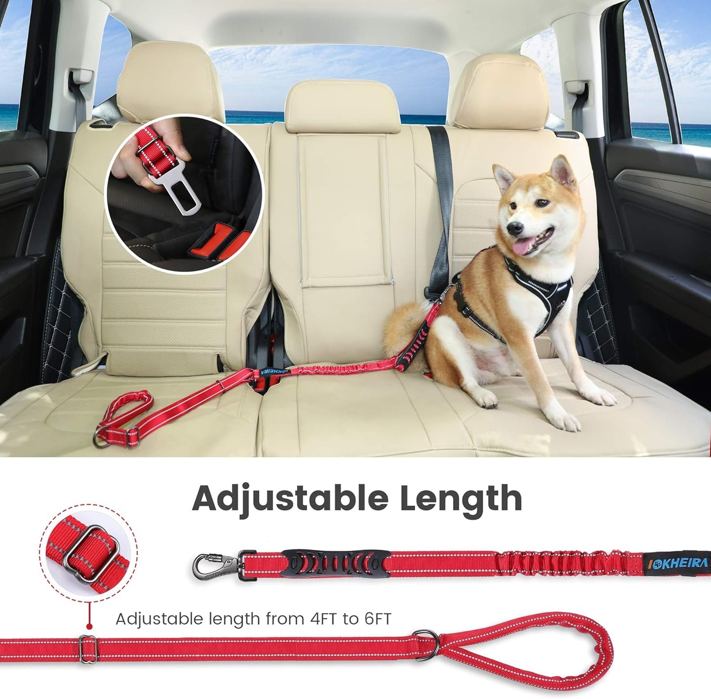 IOKHEIRA 6Ft /4Ft Dog Leash Rope for Large Dogs, Heavy Duty with Comfortable Padded Handle and Highly Reflective Threads,4-in-1 Multifunctional Dog Leashes with Car Seat Belt for Training