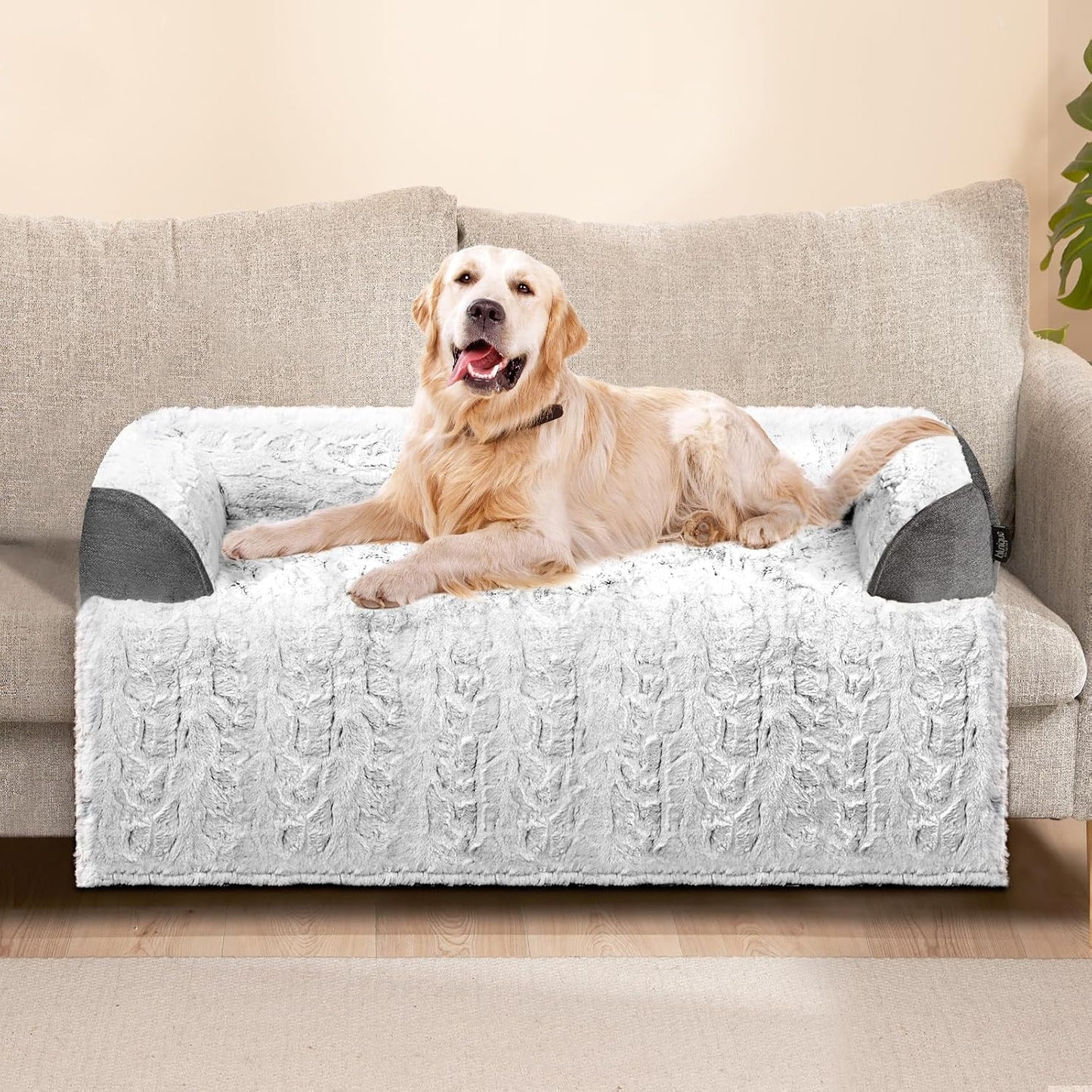 Calming Large Dog Bed for Couch – 41"x37" Washable Non-Slip Plush Sofa Protector for Dogs, Removable Cover, Soft Furniture Mat in Grey