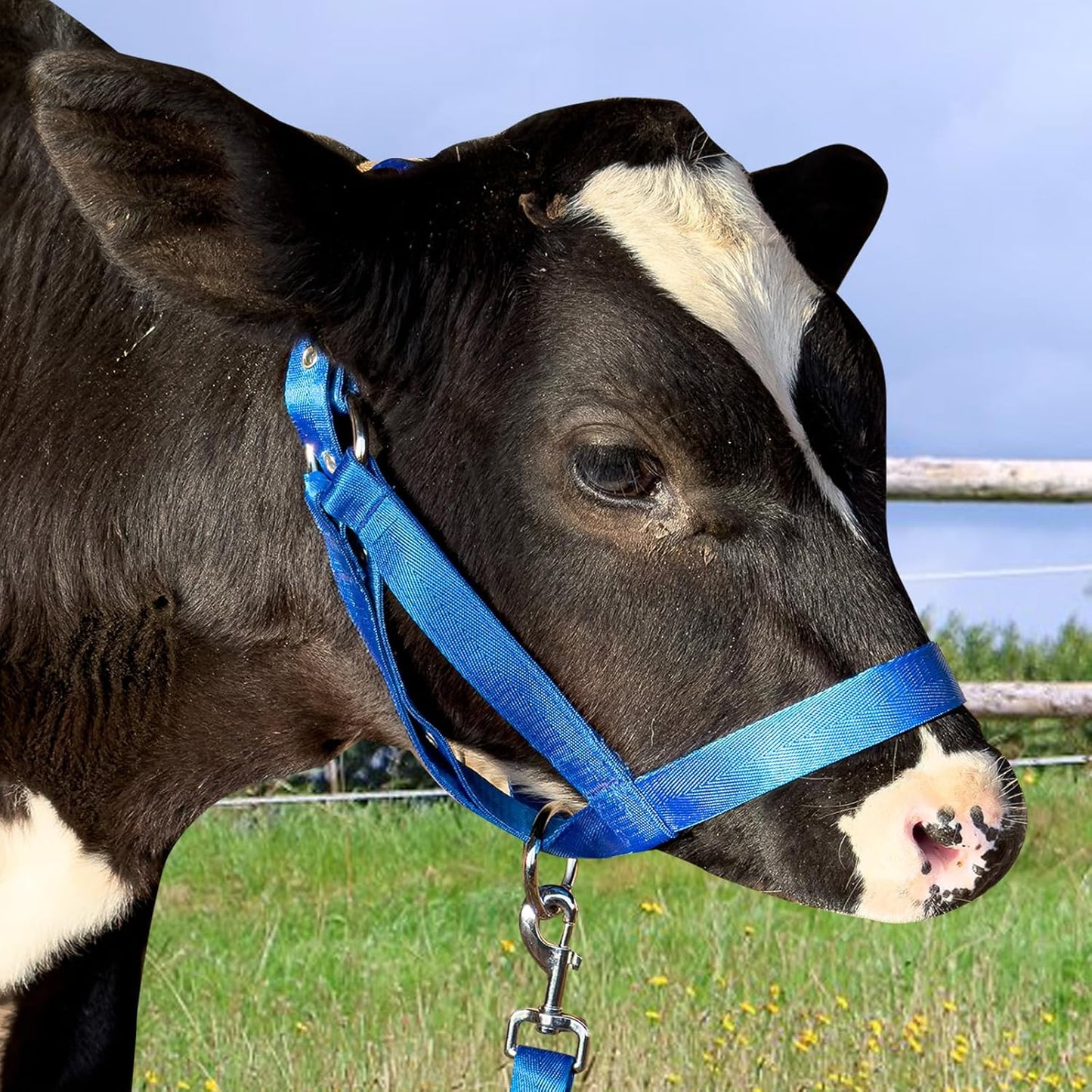 XUANNIAO Easily Adjustable Figure 8 Cow Halter, Double-Ply Premium Livestock Cattle Halters, Colorful Cow Utility Calf Halter with Leading Rope for Miniature Horse Donkey Goat Foal (Large, Blue)