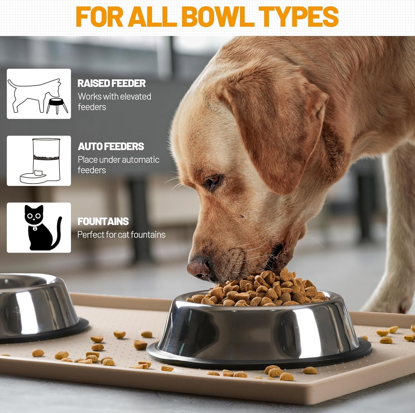 Hubulk Dog Feeding Mat,100% Waterproof Food Grade Silicone Pet Food and Water Bowl Placemat,Dishwasher, High Raised Edge to Prevent Spills,Nonslip Tray to Stop Messes on Floor（19"x12"x0.5", Taupe）
