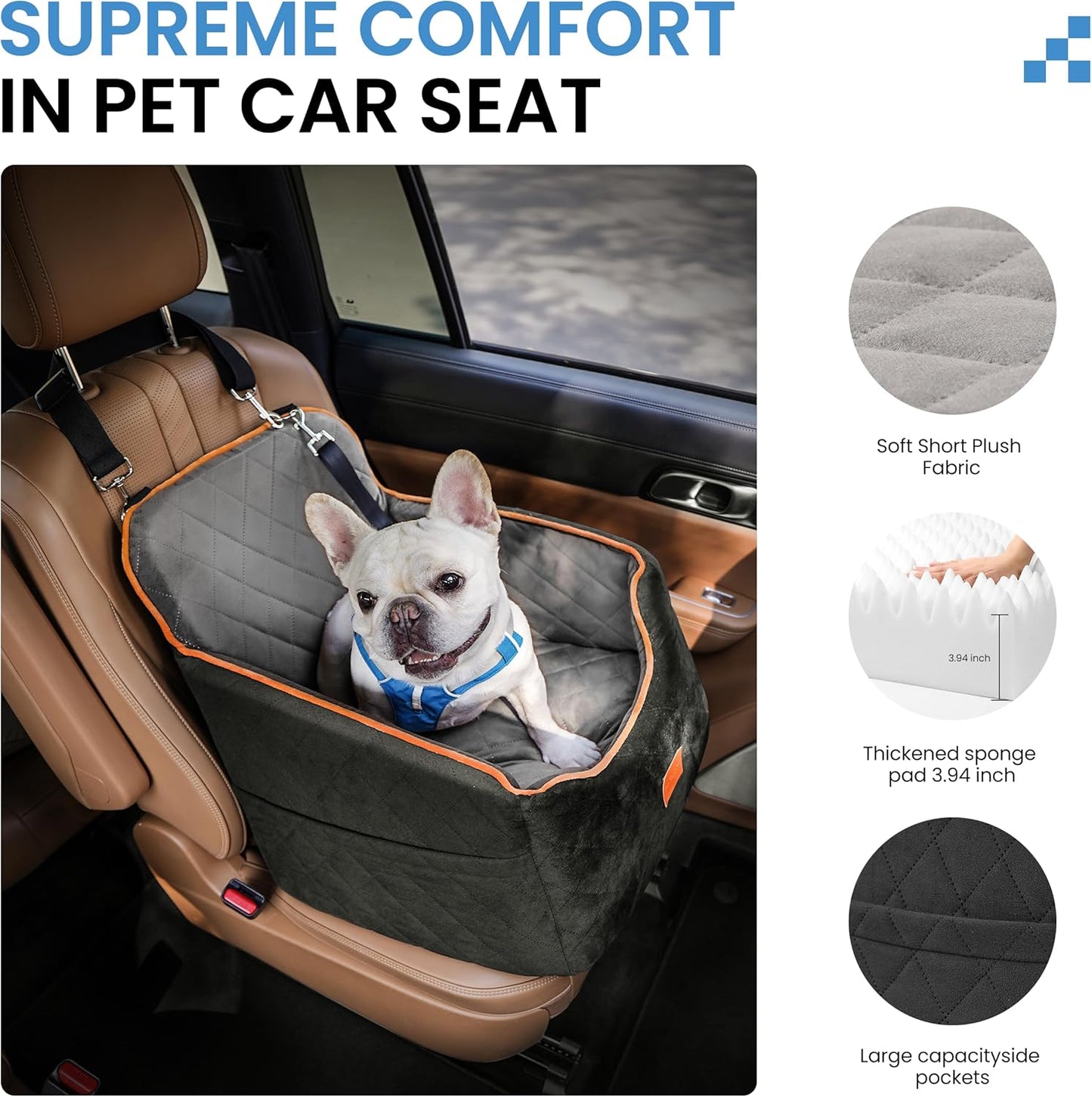 Dog Car Seat for Small Dogs - Puppy Car Seat with Safety Strap & Waterproof Padding, Portable Pet Carrier for Cars, Trucks & SUVs, Comfortable Elevated Bed for Pets Up to 35lbs (Black/Grey)