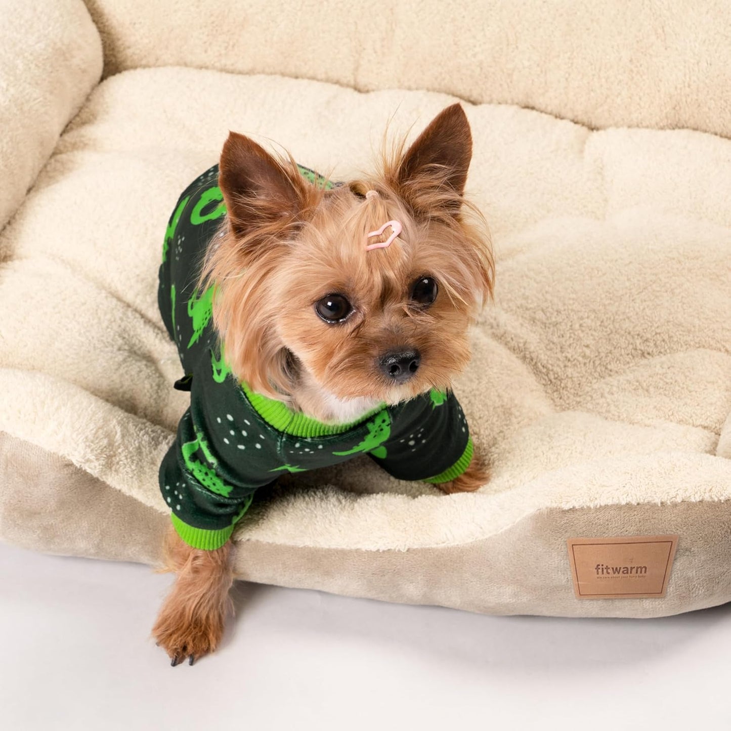 Fitwarm Dinosaur Dog Fleece Pajamas, Warm Clothes for Small Dogs Boy, Cozy Pet Onesie with Feet, Dark Green, Bright Green, Large