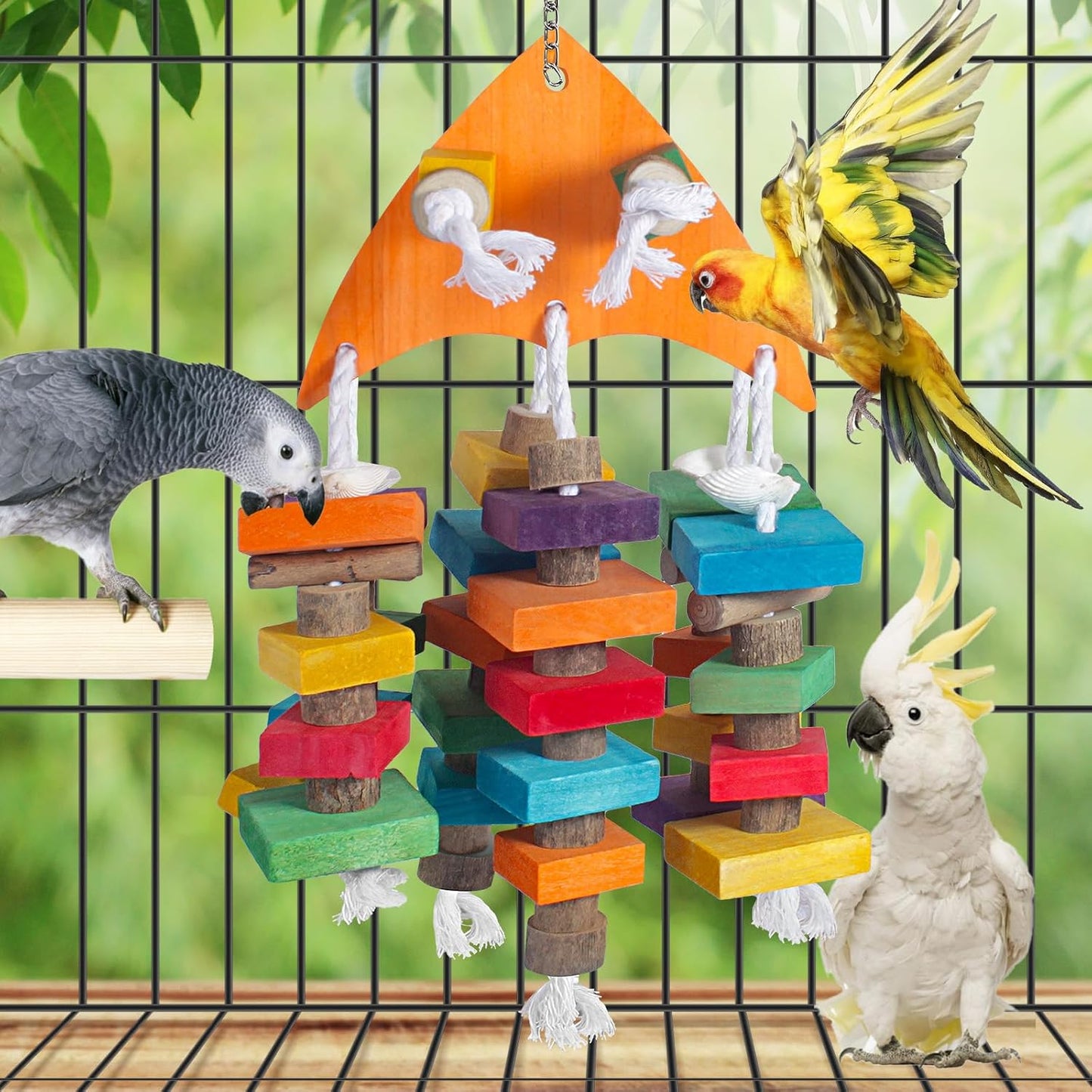 22.8" Natural Shell Parrot Toy for Medium & Large Birds (Sichuan Pepper Wood/Pine Wood/Poplar) with Stainless Steel Hook | Macaw Toys, African Grey Chew Toys