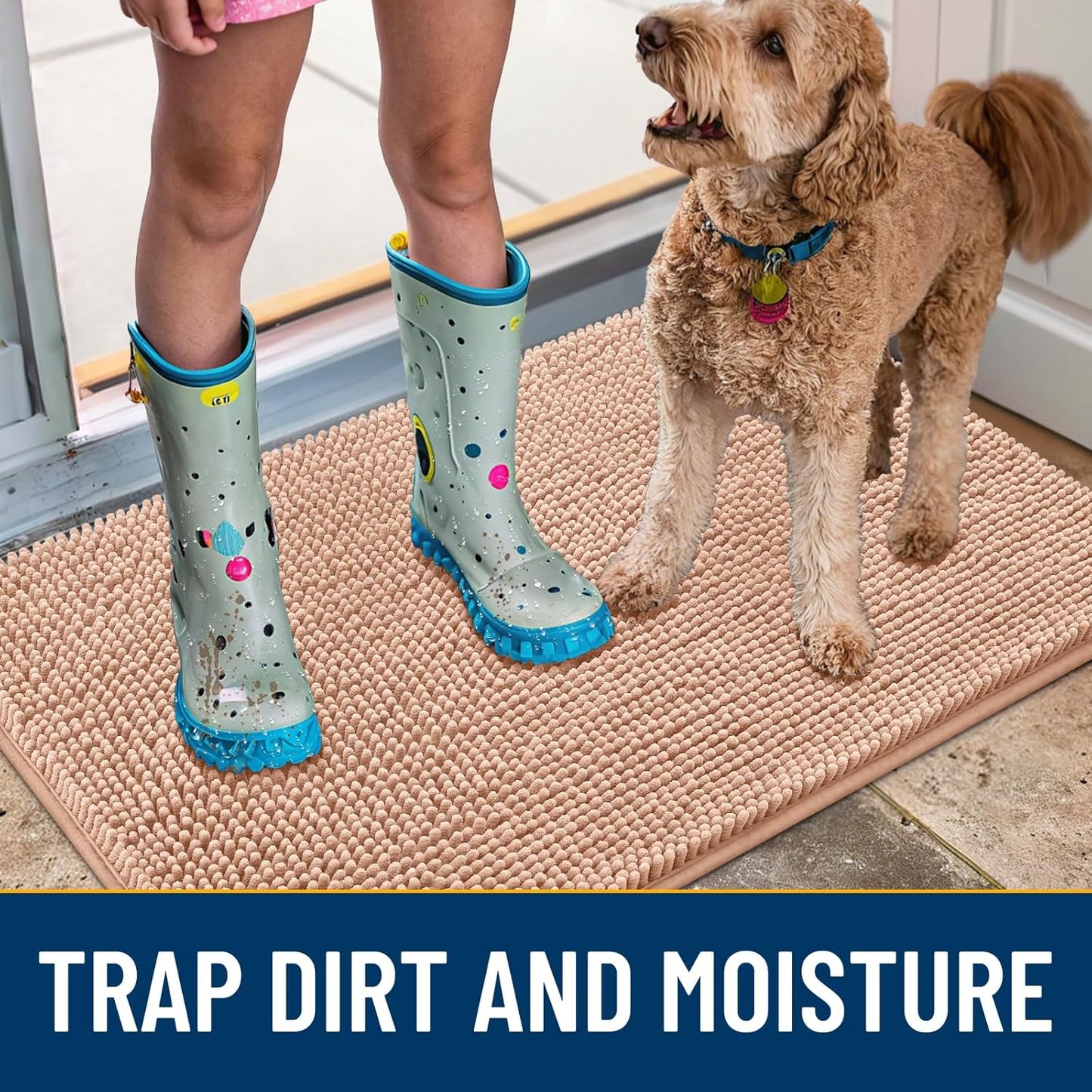 Smiry Dog Door Mat for Muddy Paws 36x24, Absorbs Moisture and Dirt Doormat, Non-Slip Washable Quick Dry Chenille Front Door Mat Indoor Entrance, Entryway Carpet for Inside Floor, Peach