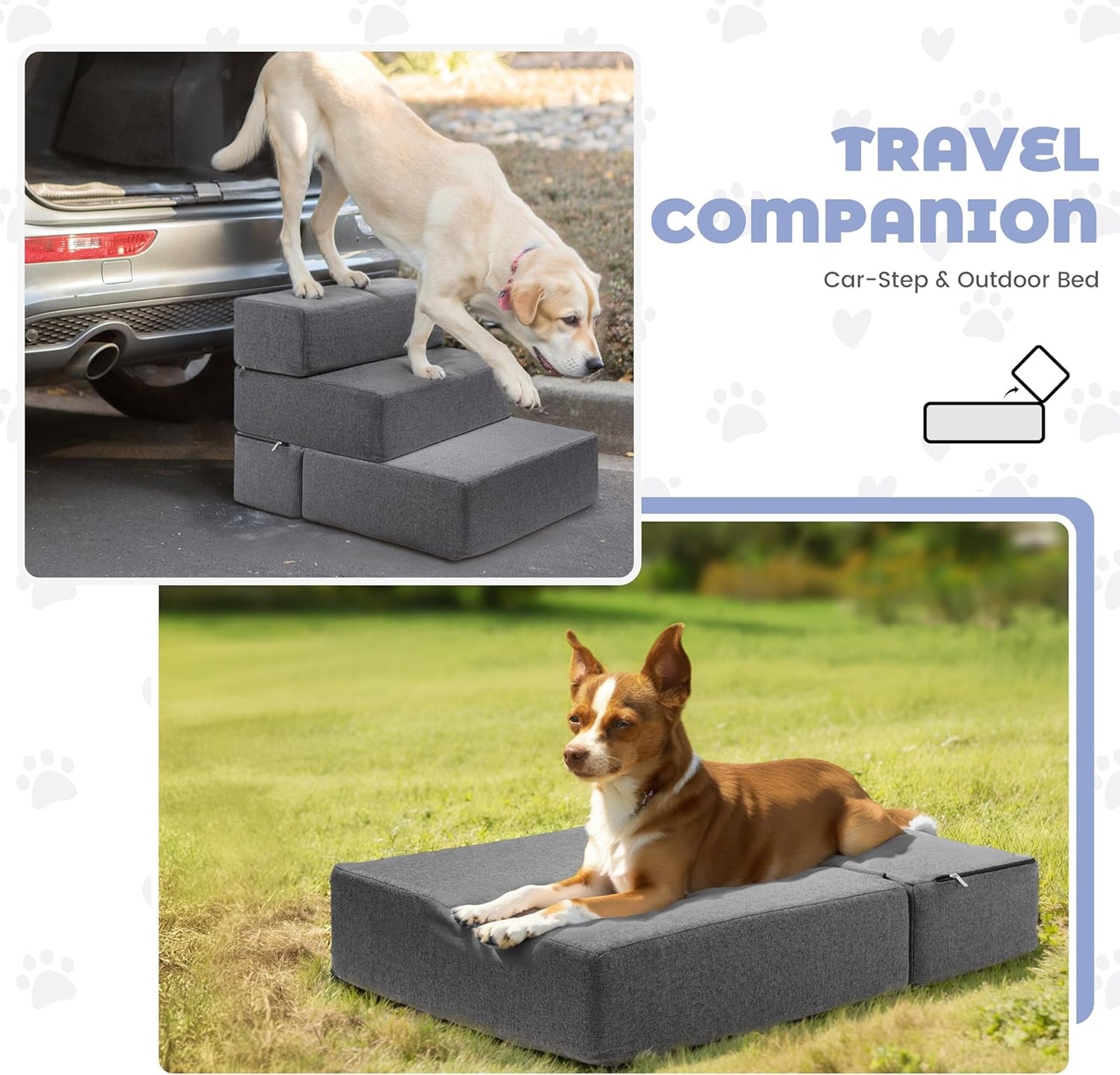 Foldable 18 Inch Wide 3 Step Wide Dog Stairs for Large Dogs, 18 Inch Height Foam Dog Steps for Bed & Couch, Linen Covered Pet Stairs for Dogs to Get on Bed, Outdoor Foam Pet Steps for for Cars & SUV