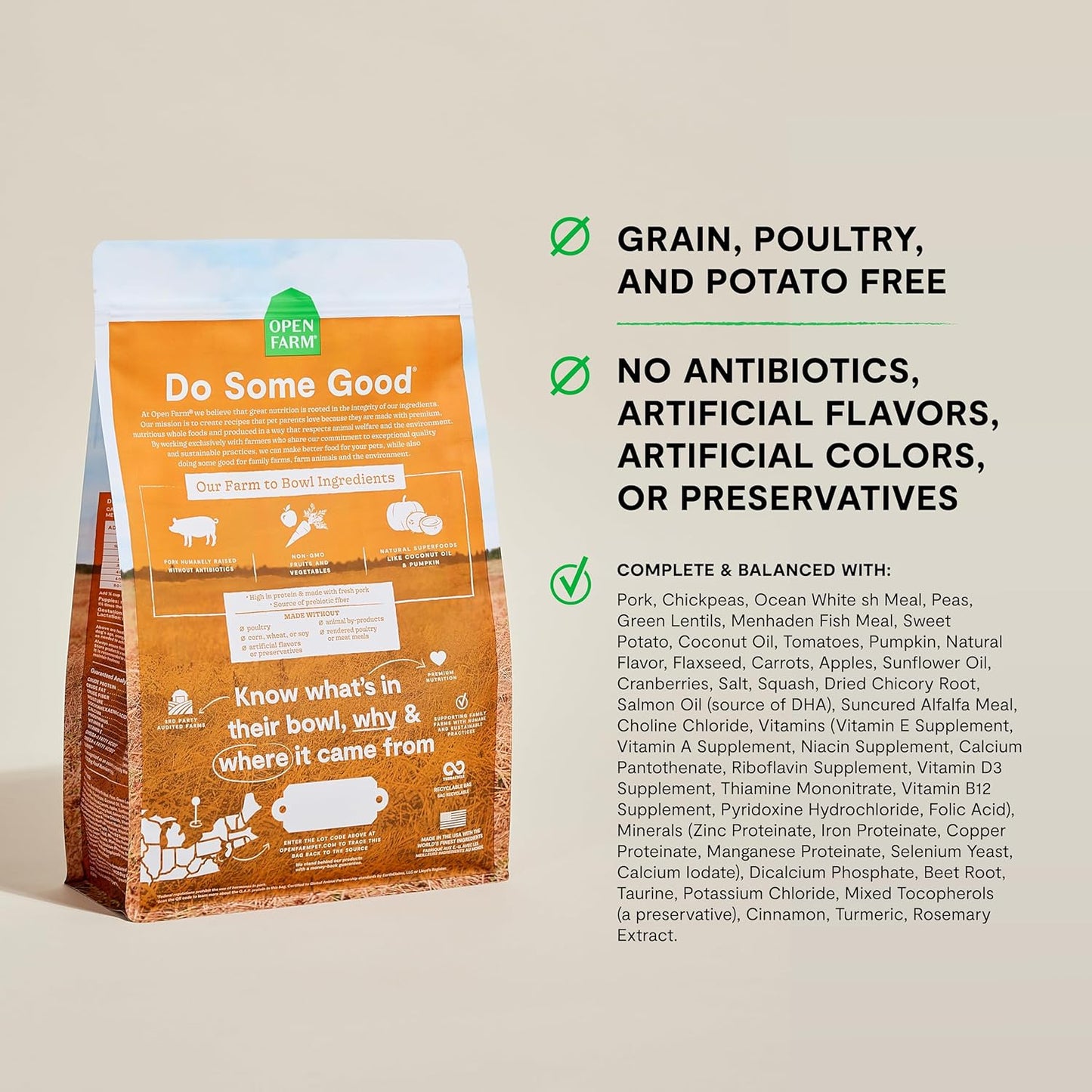 Open Farm, Grain-Free Dry Dog Food, Complete & Balanced Kibble, Sustainably & Ethically Sourced Ingredients, Non-GMO Veggies & Superfoods to Support Overall Health, Pork Recipe, 4lb Bag