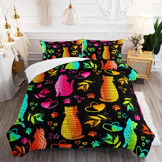 Kawaii Cat Animal Comforter 3Pcs Queen Lovely Pet Cat Bedding Set for Kid Teen Girl Boy Adult Room Decor Cartoon Kitten Paw Heart Bamboo Leaf Pattern Quilt with 1 Comforter and 2 Pillowcases