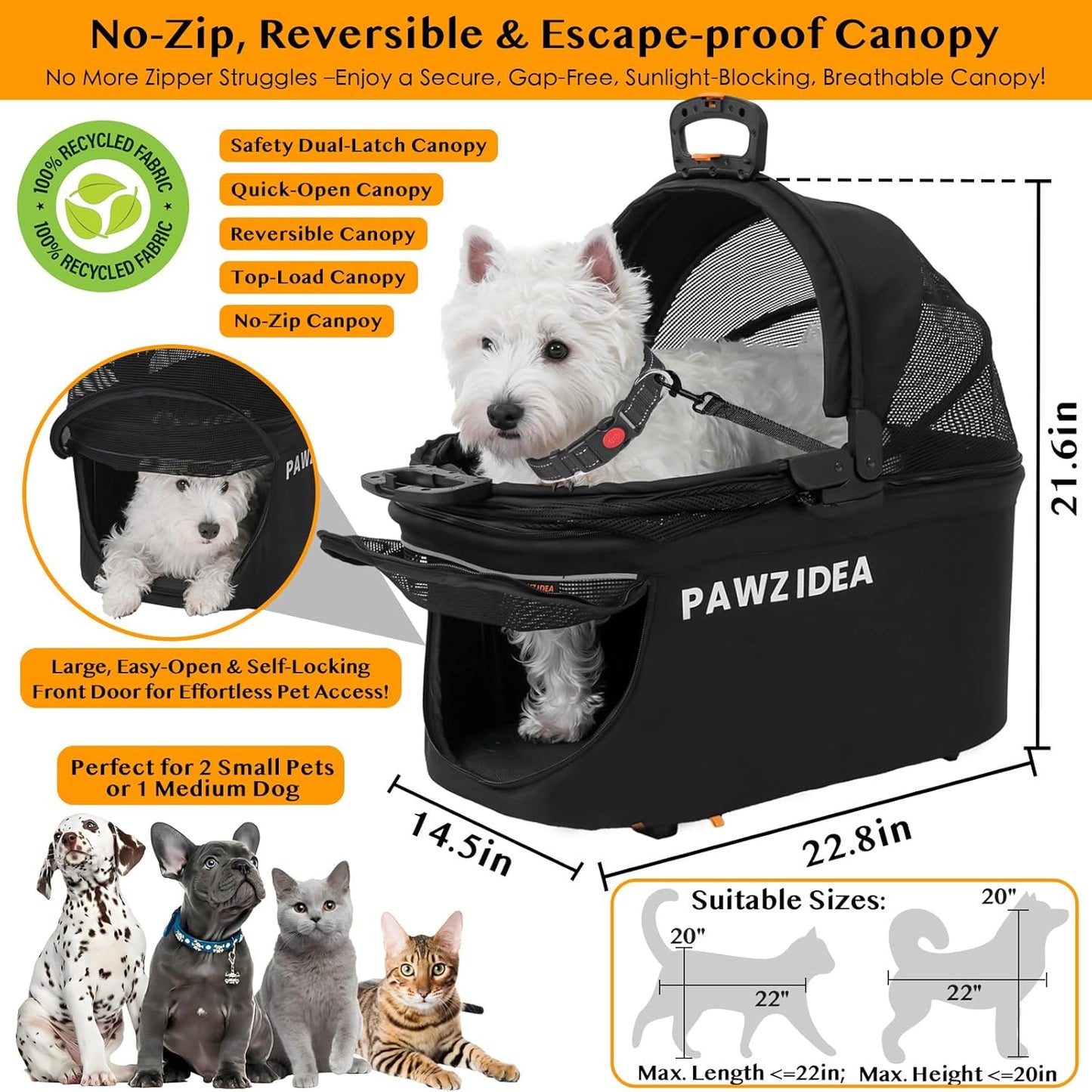 PAWZIDEA Pet Stroller 4 in 1, Dog Strollers for Small/Medium Dogs/Cats with Detachable Carrier NO-Zip Canopy, Seatbelt Puppy Car Seat Combo, Foldable & Lightweight Jogger Cat Strollers, Storage Basket