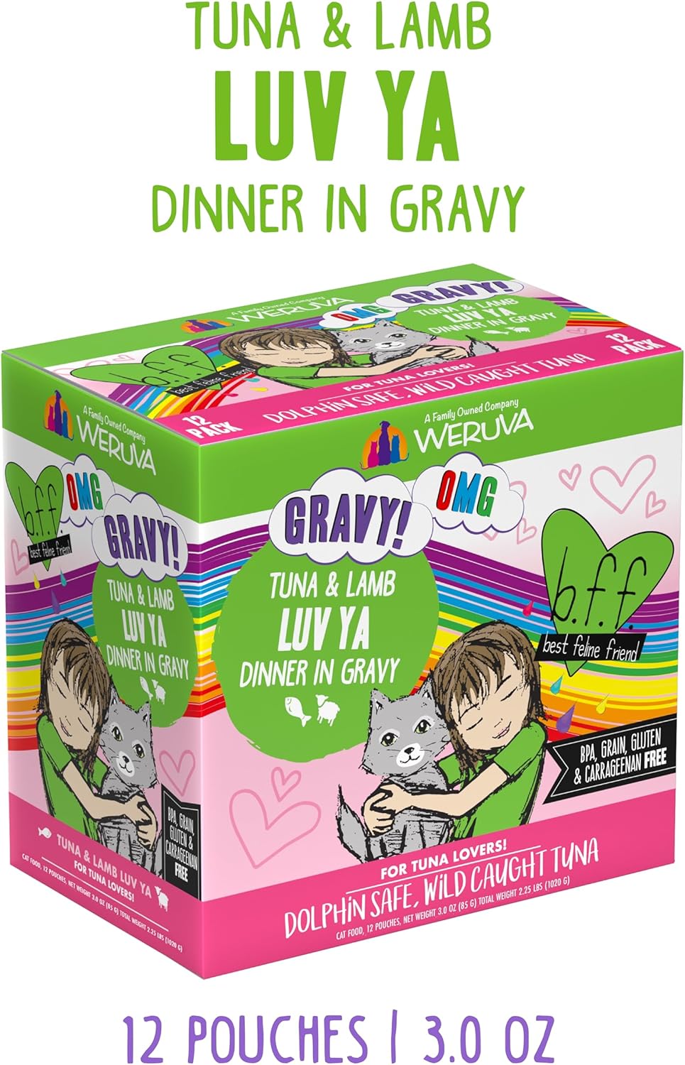 Weruva B.F.F. OMG - Best Feline Friend Oh My Gravy!, Tuna & Lamb Luv Ya with Tuna & Lamb in Gravy Cat Food, 3oz Pouch (Pack of 12)