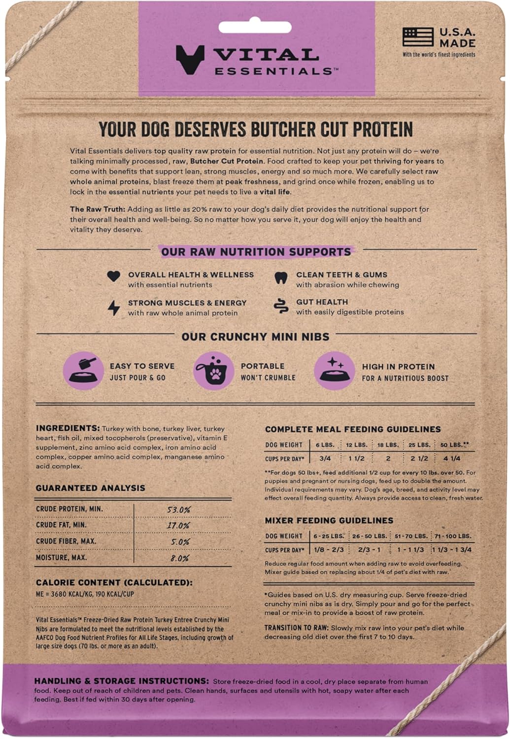 Vital Essentials Freeze-Dried Raw Turkey Meal or Mixer Dog Food Crunchy Mini Nibs, 14 oz