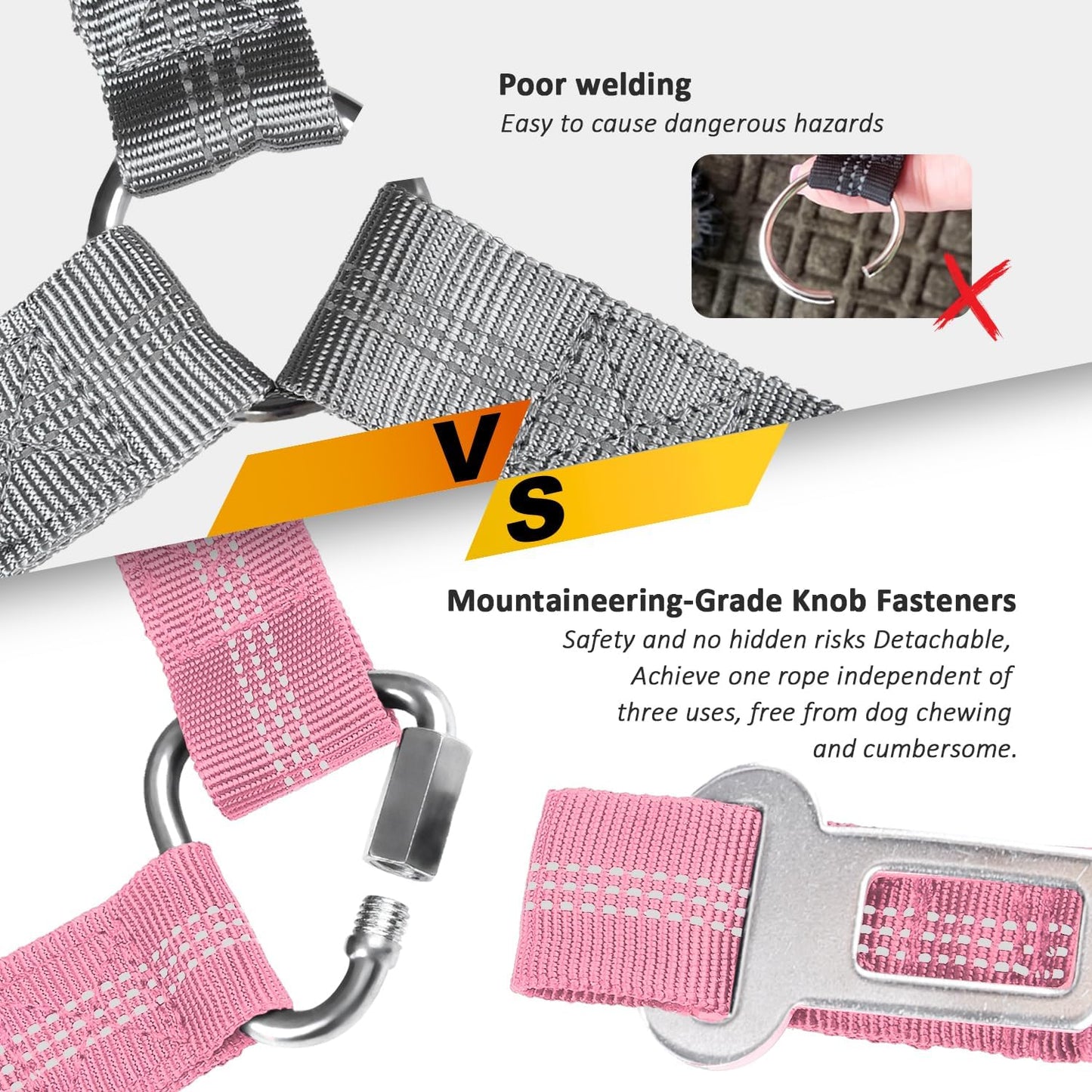 Removable Dog Seat Belt Harness for Car, 3 in 1 Pet Dog Car Seatbelt Leash, Retractable Restraint Secures to Vehicle Headrest & Adjustable Reflective Bungee Dog Seatbelt Tether, Pink