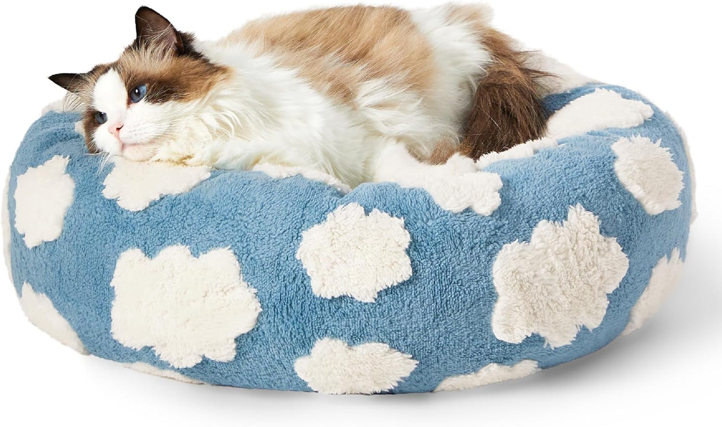 LE SURE Donut Cat Beds for Indoor Cats - Small Round Dog Bed for Calming Pets with Washable Cover, Cute Modern Puppy Beds with Jacquard Shaggy Plush & Anti Slip Bottom, 20 Inch, Blue