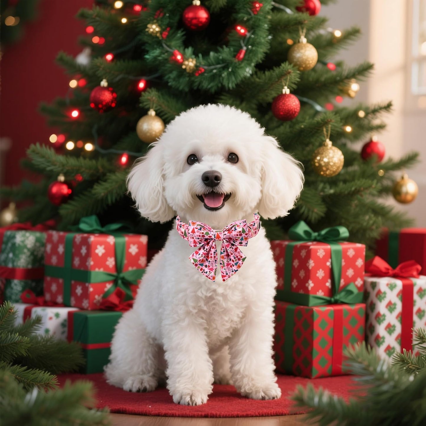 Lionet Paws Christmas Dog Collar with Sailor Bow, Cute Ho Christmas Tree Snowman Pink Dog Collar Bow Tie for Dogs, Medium, Neck 13.5-22 inches