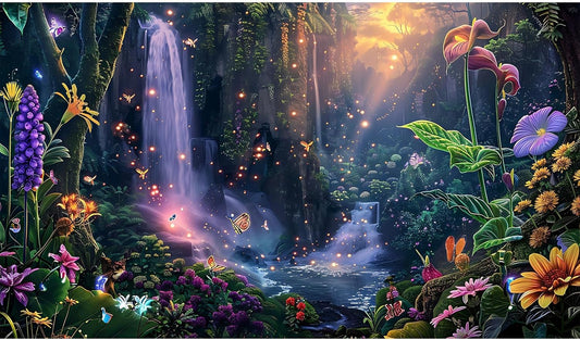 Fantasy Garden Aquarium Background Sunset Waterfall and Flowers Terrarium Backdrop Tropical Forest Lush Plant Magic Butterfly Lights Flowers Fish Tank Background Poster Decorations 36x18in