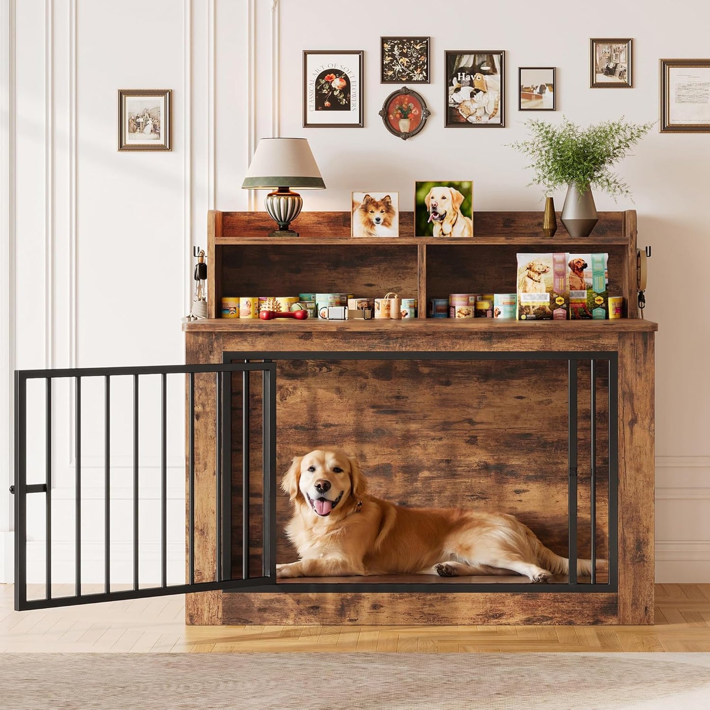 IRONCK Extra Large Dog Crate Furniture, 43.3 inches Wooden Dog Crate with Storage and 4 Hooks, Heavy Duty Pet Crate for Large Dog, Decorative Pet Cage for Indoor (30" L x 43.3" W x 41.1" H)