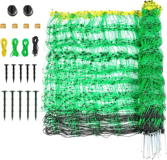 Electric Fence Netting, 49.6" H x 164' L, PE Net Fencing Kit with 14 Posts Double Spiked, Utility Portable Mesh for Sheep Hogs Goats Deer Dogs Lambs Used in Backyards Farms Ranches Patio, Green