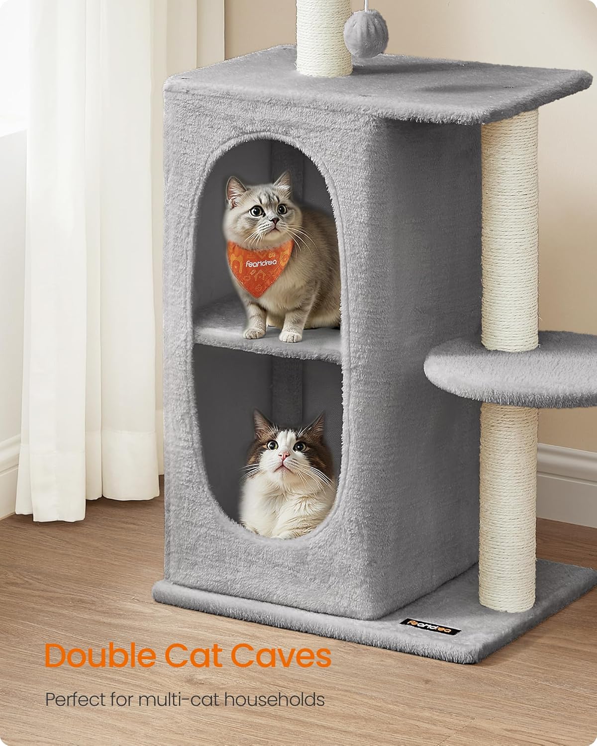 Feandrea Cat Tree Tower with 2 Caves for Multi-Cat Households, Kittens, Scratching Posts, Light Gray UPCT005G01