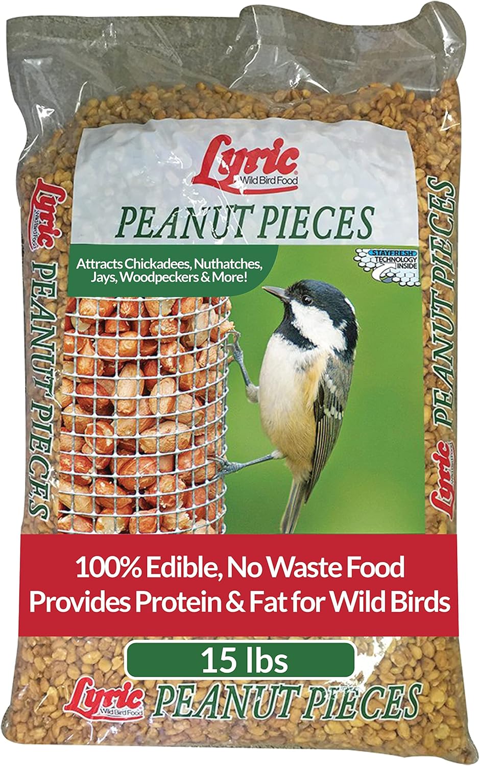 Lyric Peanut Pieces Wild Bird Seed - No Waste Bird Food - Attracts Titmice, Woodpeckers, Chickadees & More - 15 lb bag