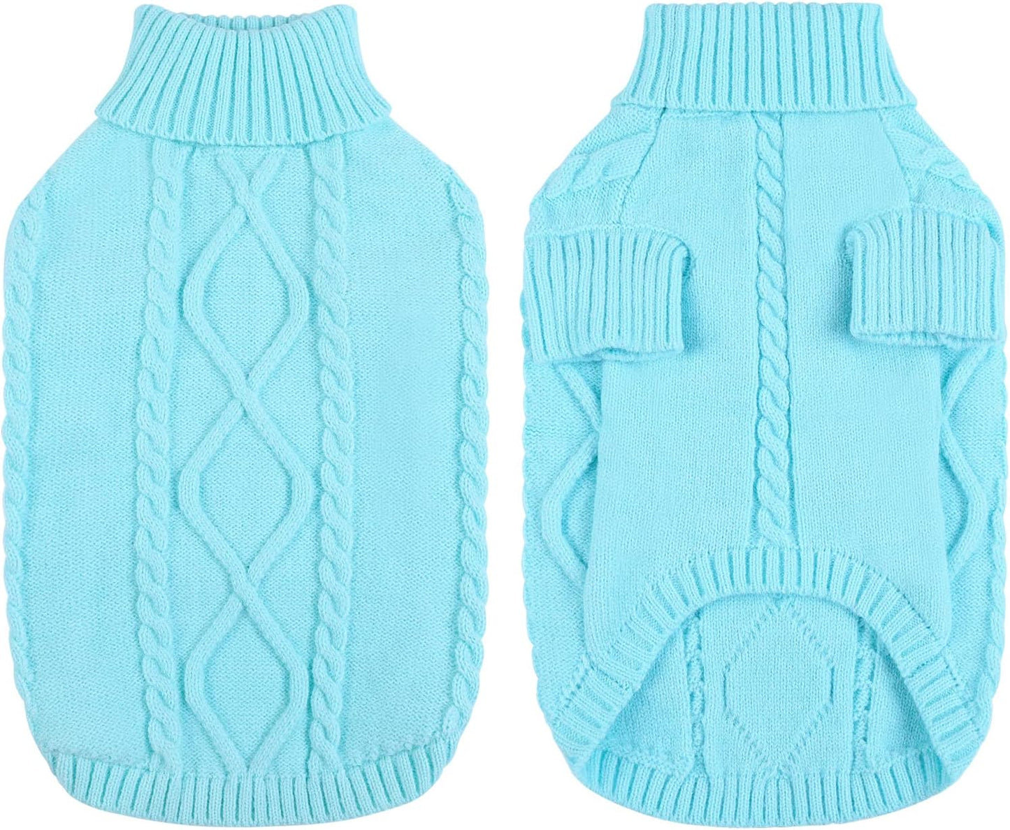 Queenmore Small Dog Pullover Sweater, Cold Weather Cable Knitwear, Classic Turtleneck Thick Warm Clothes for Chihuahua, Bulldog, Dachshund, Pug (Sky Blue, Medium)