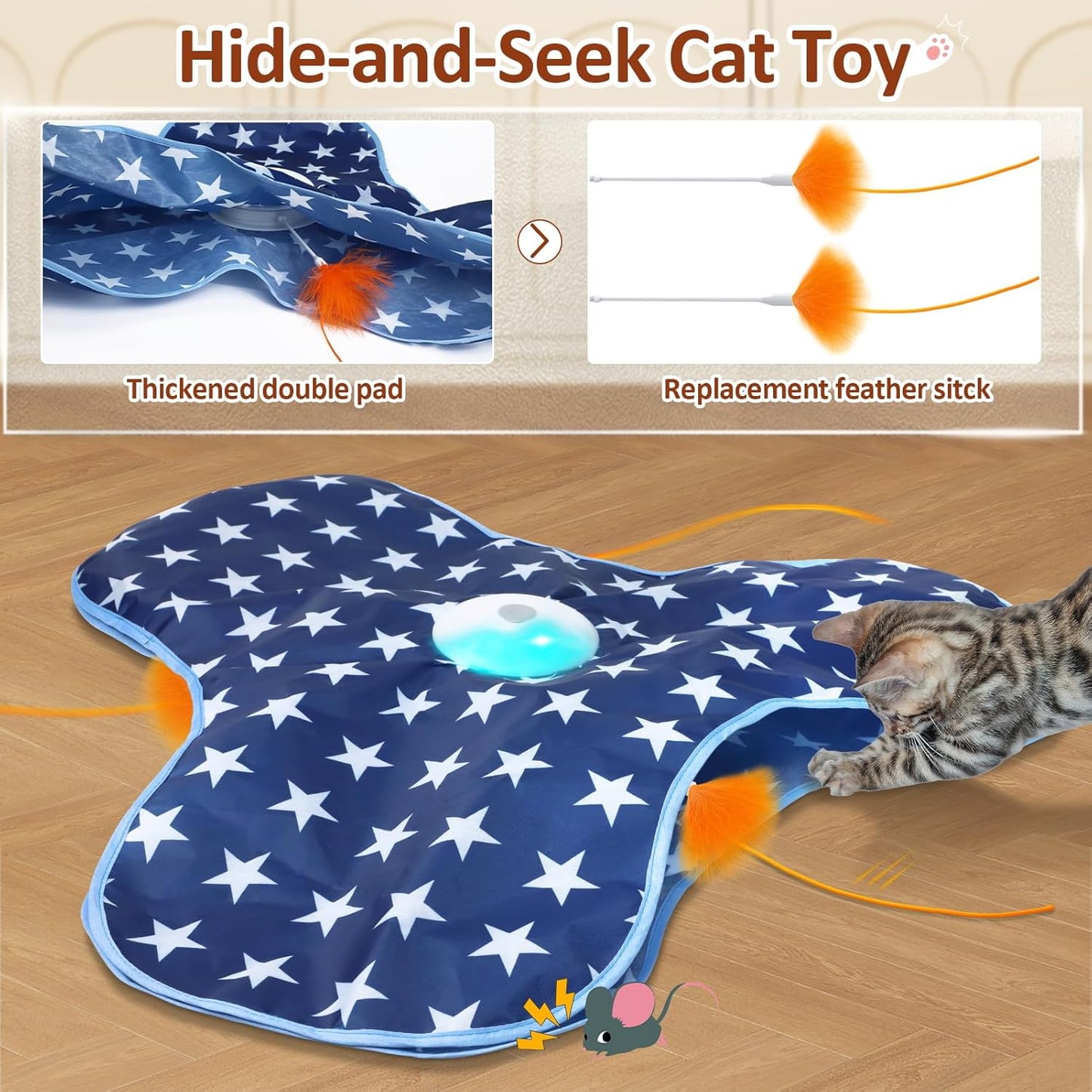 Interactive Cat Toy Rechargeable, Cat Exercise Toys for Indoor Bored Adult Cats, Hide and Seek Toy with Motion Activated, Moving Feather, Chirping