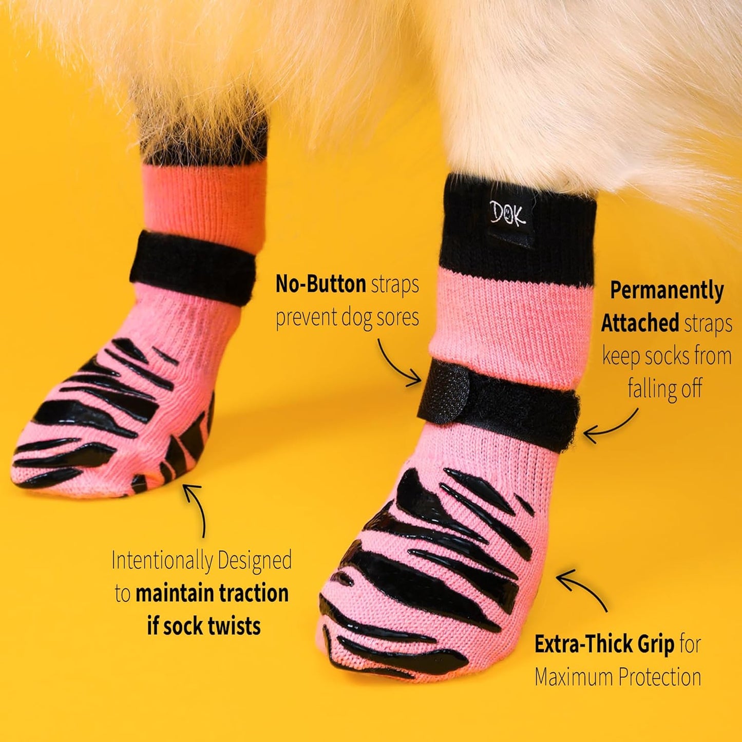 DOK TigerToes Premium Non-Slip Dog Socks for Hardwood Floors - Extra-Thick Grip That Works Even When Twisted - Prevents Licking, Slipping, and Great for Dog Paw Protection (Sassy Pink, Medium)