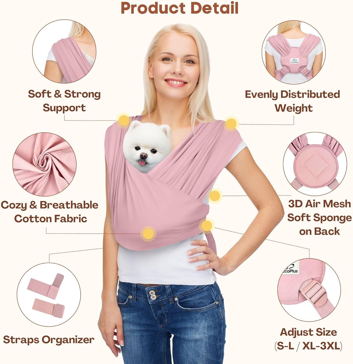 Dog Carriers for Small Dogs, Front Facing Dog Sling Carrier, Hands Free Cat Carrier, Size Adjustable, Reducing Back Pain, Premium Cotton, Safe and Soft Dog Carrier (Plus, Light Pink)