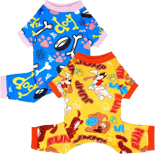 2PCS Dog Pajamas for Small Sized Doggie Pjs Clothes Puppy Onesies Outfits Pet Jammies Boy Girl Male Female Apparel Soft Lightweight Strechy Paw Bone Puppy Print S