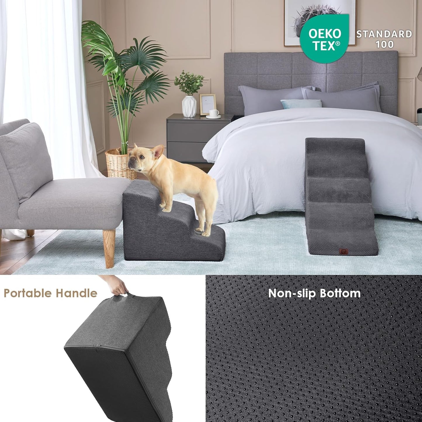 EHEYCIGA Curved Dog Stairs Ramp for High Beds 22.6" H, 5-Step Dog Steps for Small Dogs and Cats, Pet Stairs for High Bed Climbing, Non-Slip Balanced Pet Step Indoor, Grey