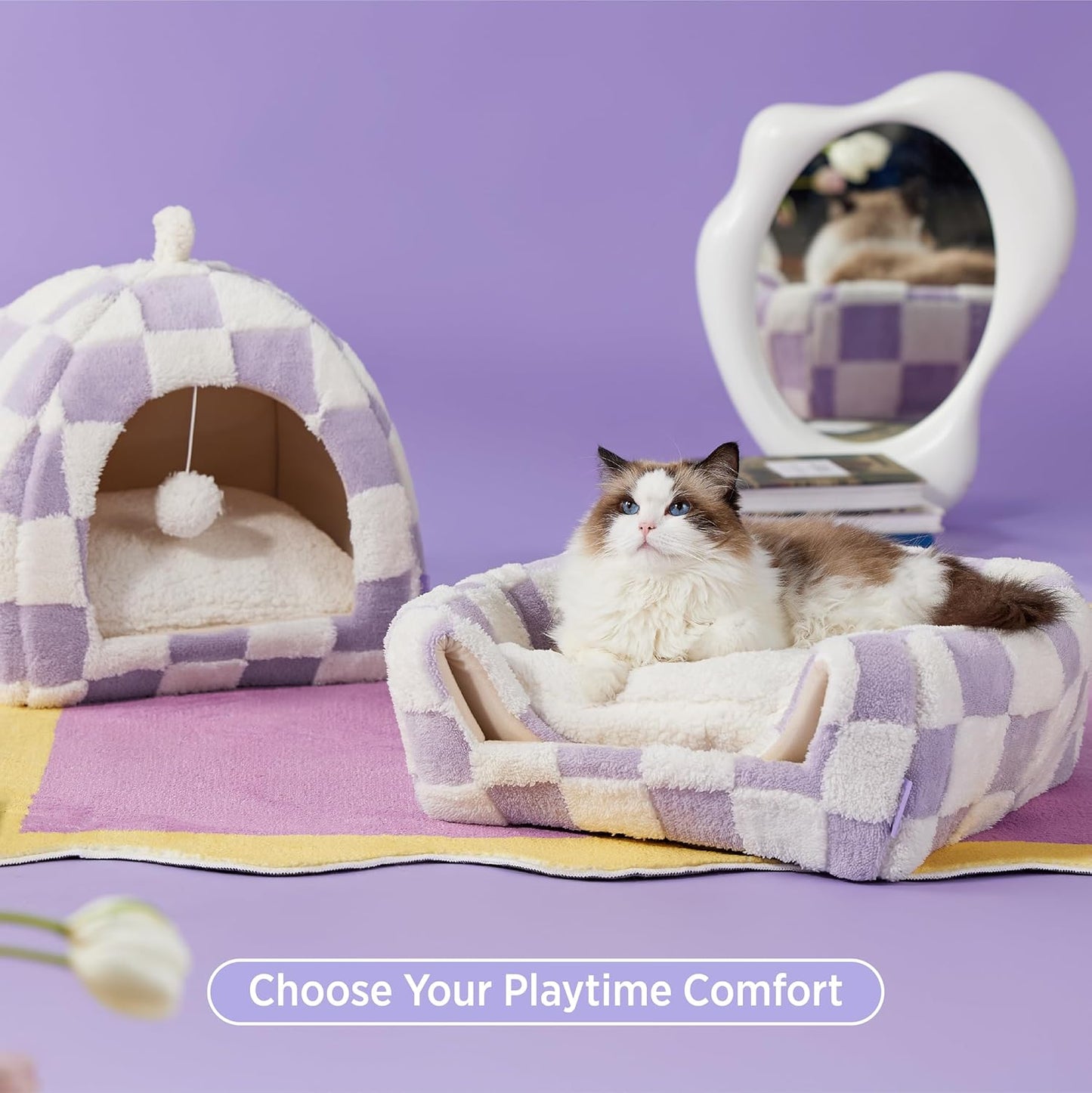 Lesure Cute Cat Beds for Indoor Cats - 2 in 1 Cat Cave Bed for Kittens and Small Pets with Removable Washable Cushioned Pillow, Cozy Kitten with Non-Slip Bottom, Purple, 16 inches
