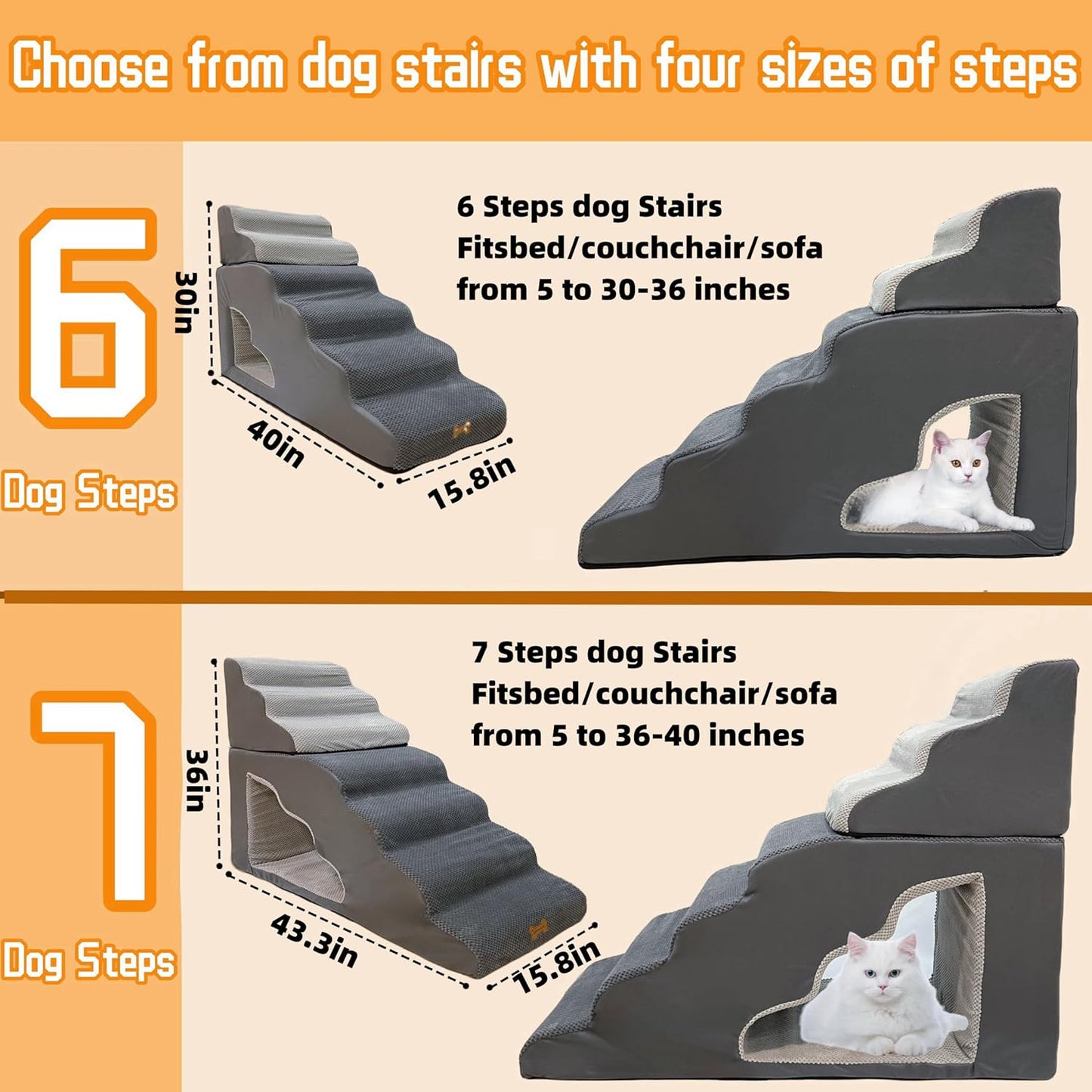 dog stairs for small dogs to 30 inches high beds, 6 step dog ramp stair for 18-36 inches couch-bed,pet stairs for small old meduim large dogs cats,Non-Slip balanced 6 tiers ladder,75 pounds Studry 33D