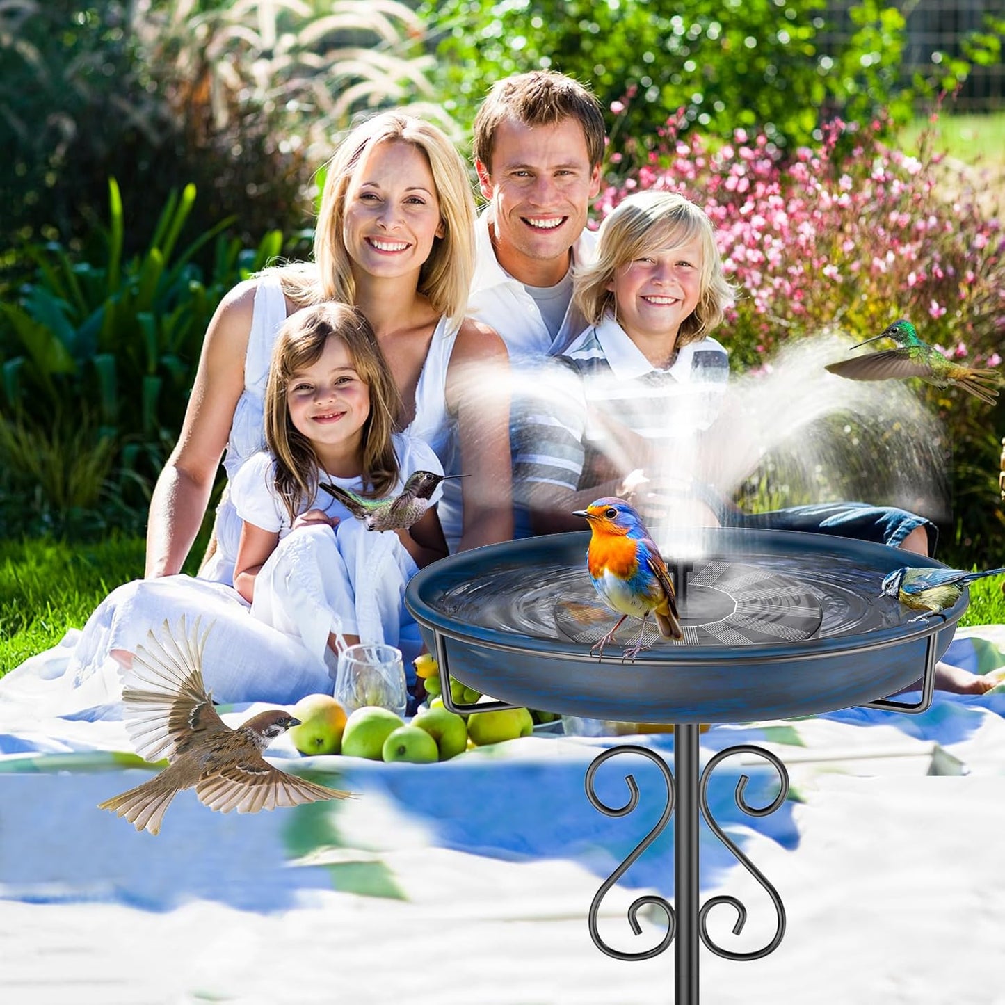 Metal Bird Bath for Outside,Bird Baths Feeder Bowl with 5 Prongs Base Stake,Freestanding BirdBaths for Outdoors Garden Patio Yard Lawn Decor (Vintage Blue)