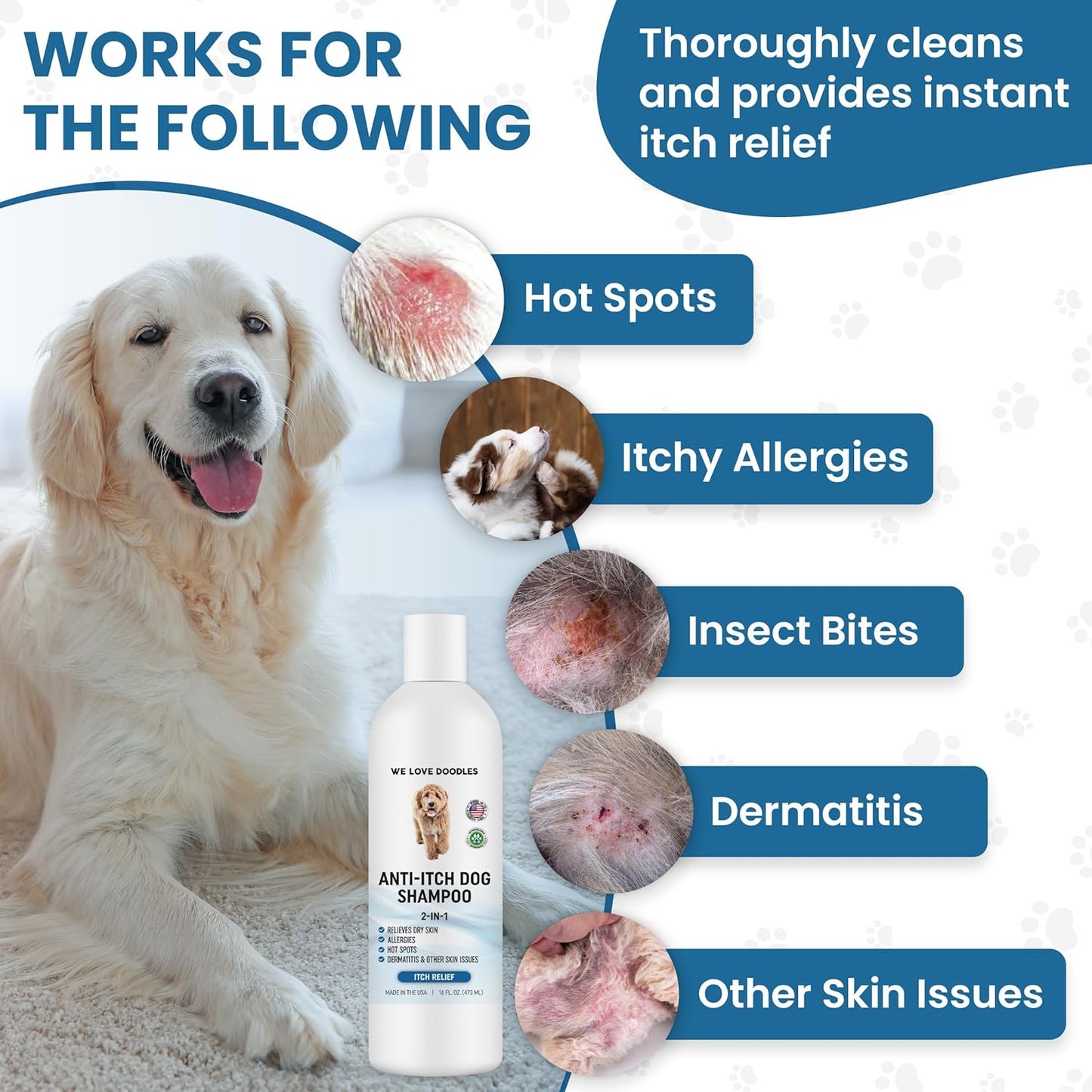 Premium Anti Itch Dog Shampoo for Sensitive Skin, Made in USA, Dry Skin Treatment for Dogs, Great for Allergies, Itching, Hot Spots, Natural Ingredients & Allergy Relief, 16 OZ [We Love Doodles]