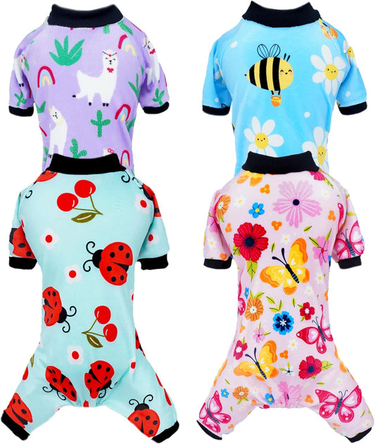 PET SHOW 4 Pack Small Dog Pajamas Spring Dog Clothes for Medium Dogs Girl Boy Soft Stretchy PJs Bee Ladybug Jumpsuit Puppy Floral Onesies Outfits with Sleeve Pets Dachshund Costume(XL, Spring)