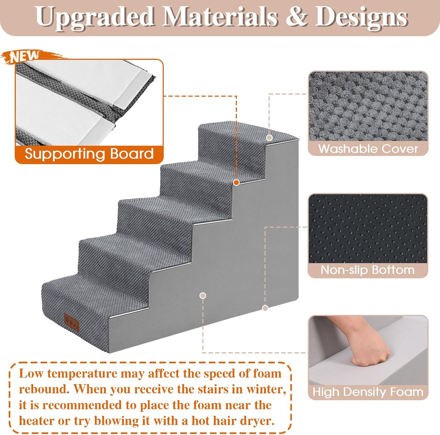 GGIB Dog Stairs for Small Dogs Cats Non-Slip Dog Steps for High Bed Pet Stairs for Sofa Couch Pet Ramp Pet Steps with Removable Washable Cover, Grey, 22" H, 5-Step