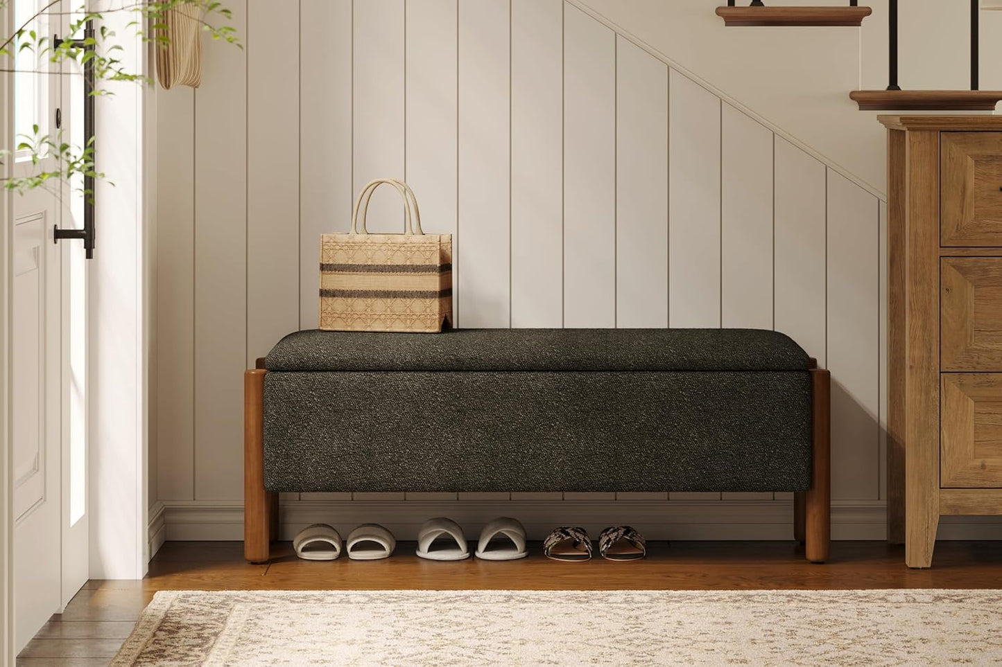 Modern Storage Benches with Walnut Wood Legs, 47'' Ottoman Bench with 20 Gallons Storage Space for Bedroom End of Bed, Fabric Upholstered Entryway Bench with Seating for Livingroom, Gray