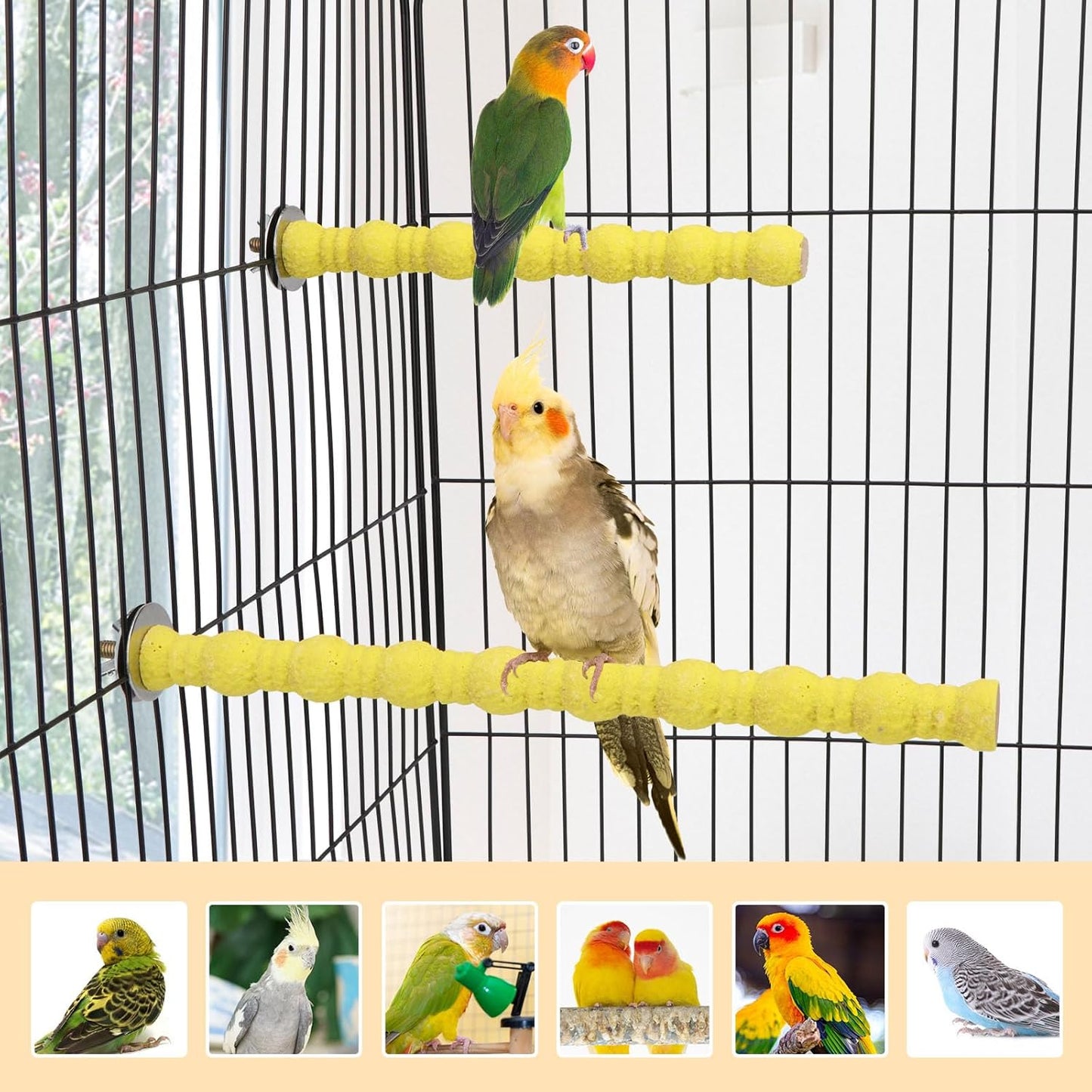 Hypeety 2PCS Wood Perch Stand Paw Grinding Stick Toy Pet Bird Cage Stand Platform for Bird Parrot Budgies Parakeet Cockatiels Cage Accessories (7in/10in) (Yellow)