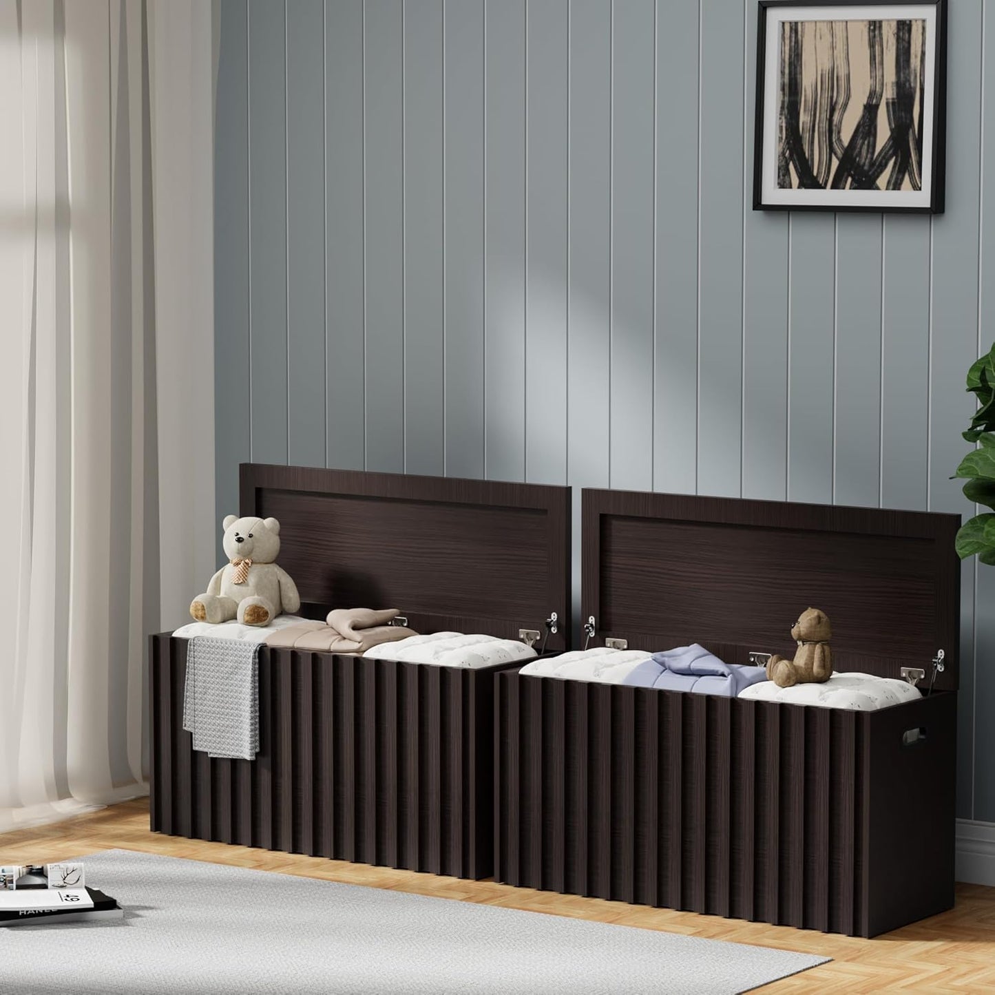 UEV Storage Bench Set of 2, 39.4" Wood Storage Trunk with 2 Safety Hinges, Sturdy Storage Chest, Fluted Wood Leg, Walnut