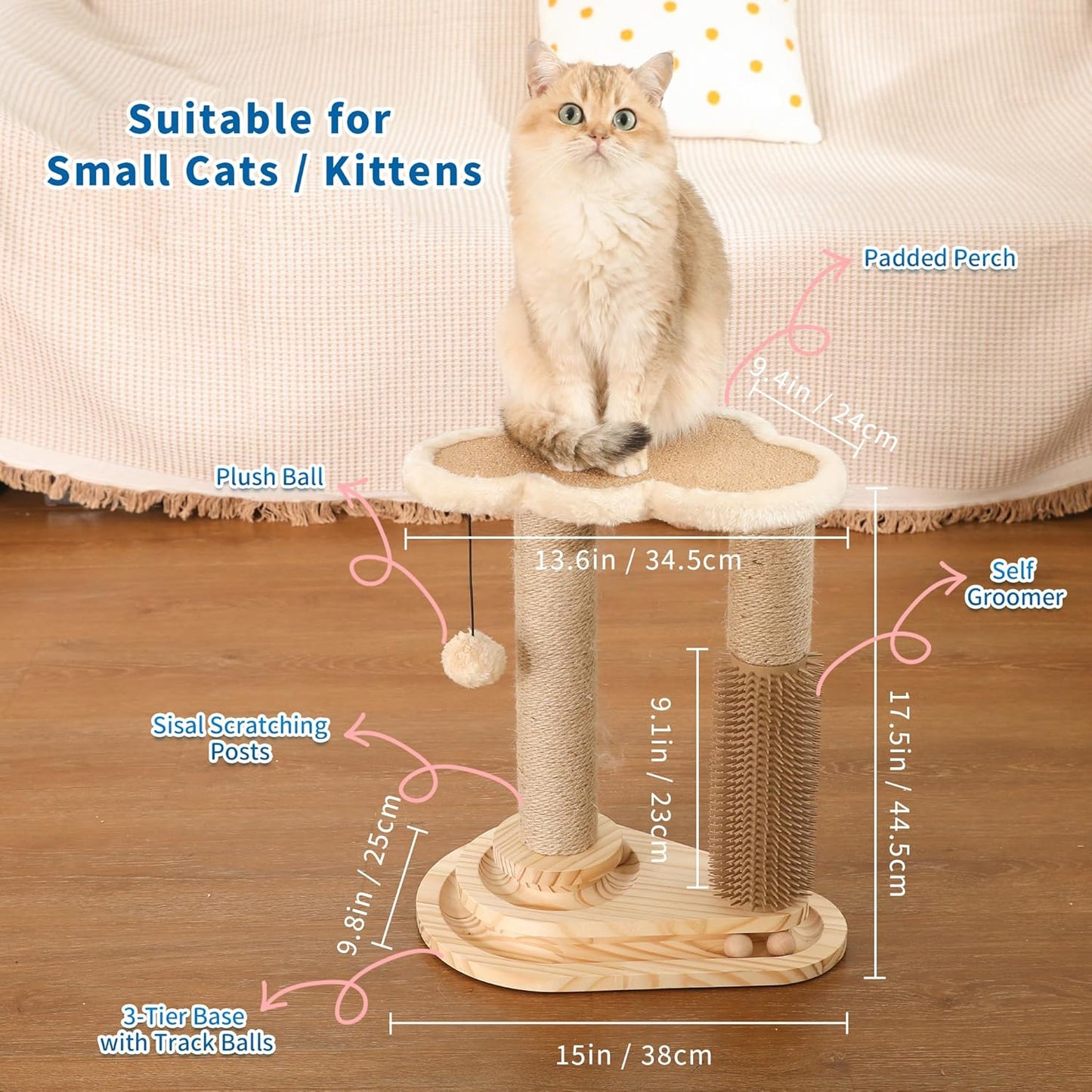 Made4Pets Cat Scratching Post, Cat Self Groomer for Indoor Cats, Cloud Soft Perch for Rest, 17.5" Tall Natural Sisal Scratcher Cat Grooming Interactive Ball Track Toys for Small Cats Kittens