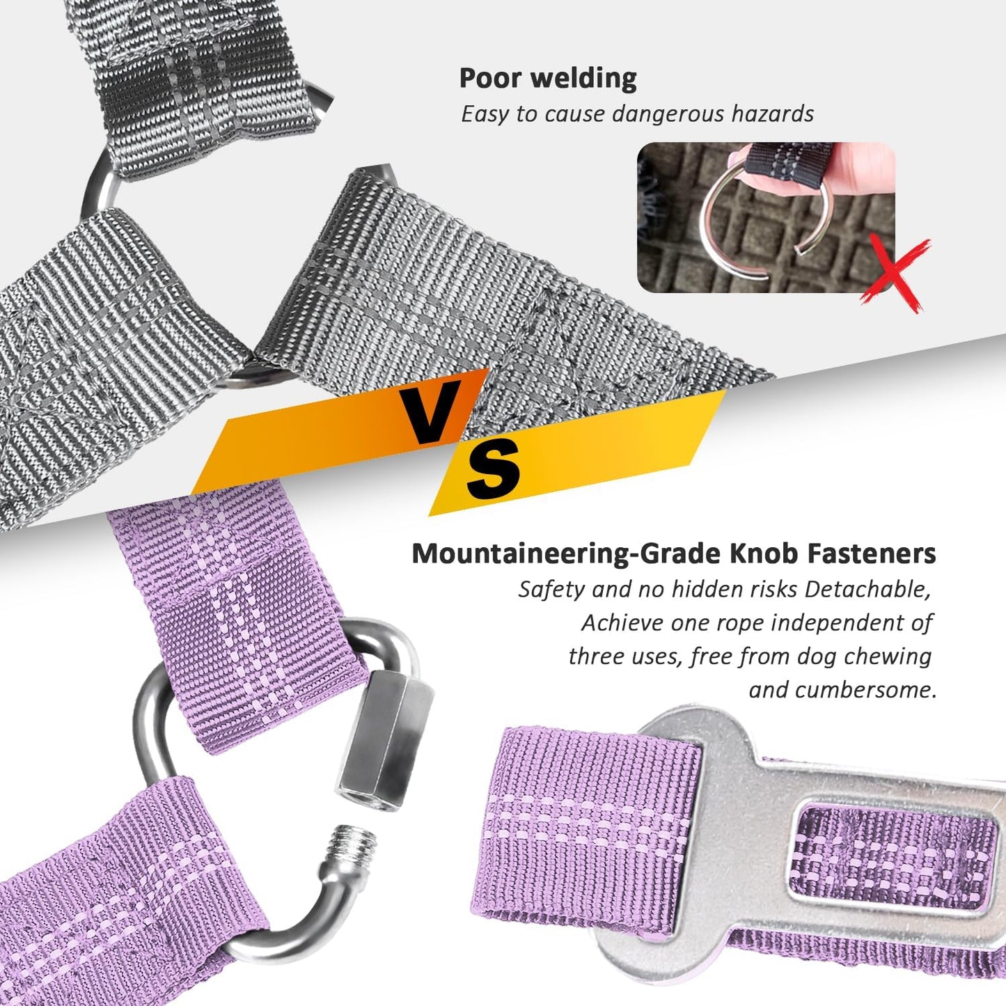 Removable Dog Seat Belt Harness for Car, 3 in 1 Pet Dog Car Seatbelt Leash, Retractable Restraint Secures to Vehicle Headrest & Adjustable Reflective Bungee Dog Seatbelt Tether, Purple and Black