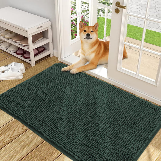 OLANLY Dog Door Mat for Muddy Paws 48x30, Absorbs Moisture and Dirt, Absorbent Non-Slip Washable Doormat, Quick Dry Chenille Mud Mat, Entry Indoor Entryway Carpet for Inside Floor, Blackish Green